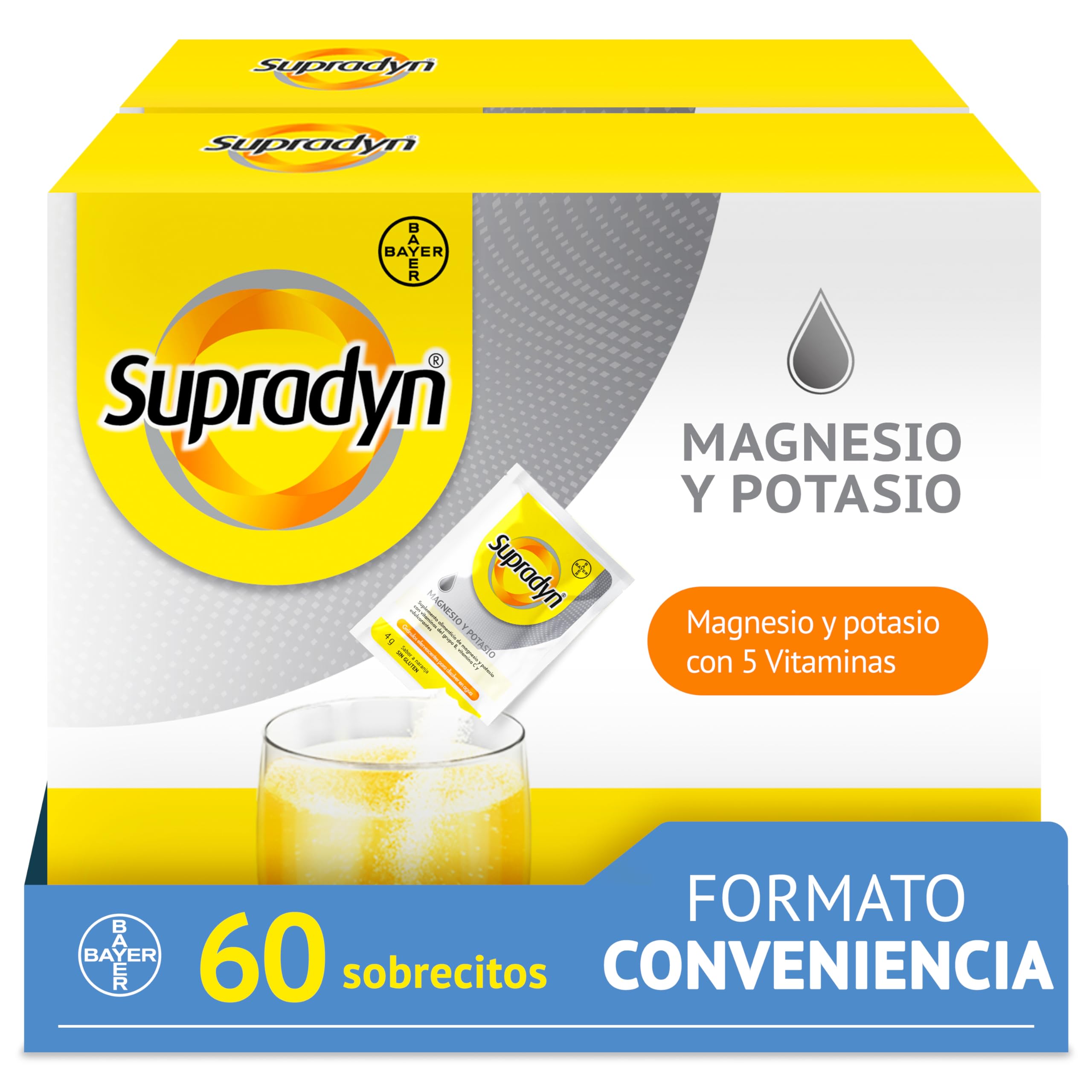 Supradyn Magnesio y Potasio Suplemento Deportivo Multivitamínico con Vitamina B, C y Minerales, Apoyo Contra la Fatiga en Épocas de Calor, Sin Azúcar, Sabor a Naranja, 60 Sobres Efervescentes