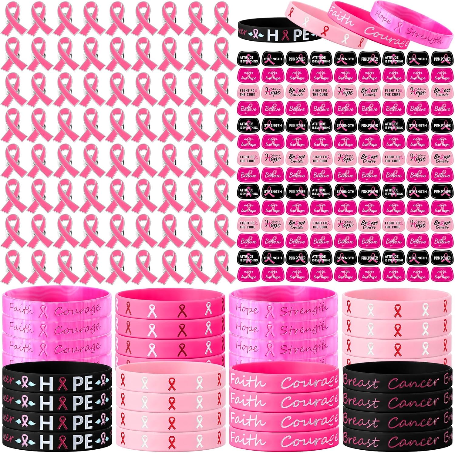 Wettarn 300 Pcs Breast Cancer Awareness Party Decorations Set Pink Ribbon Lapel Pins Faith Strength Survivor Wristbands Temporary Face Tattoos for Charity Public Event Fundraiser Campaign