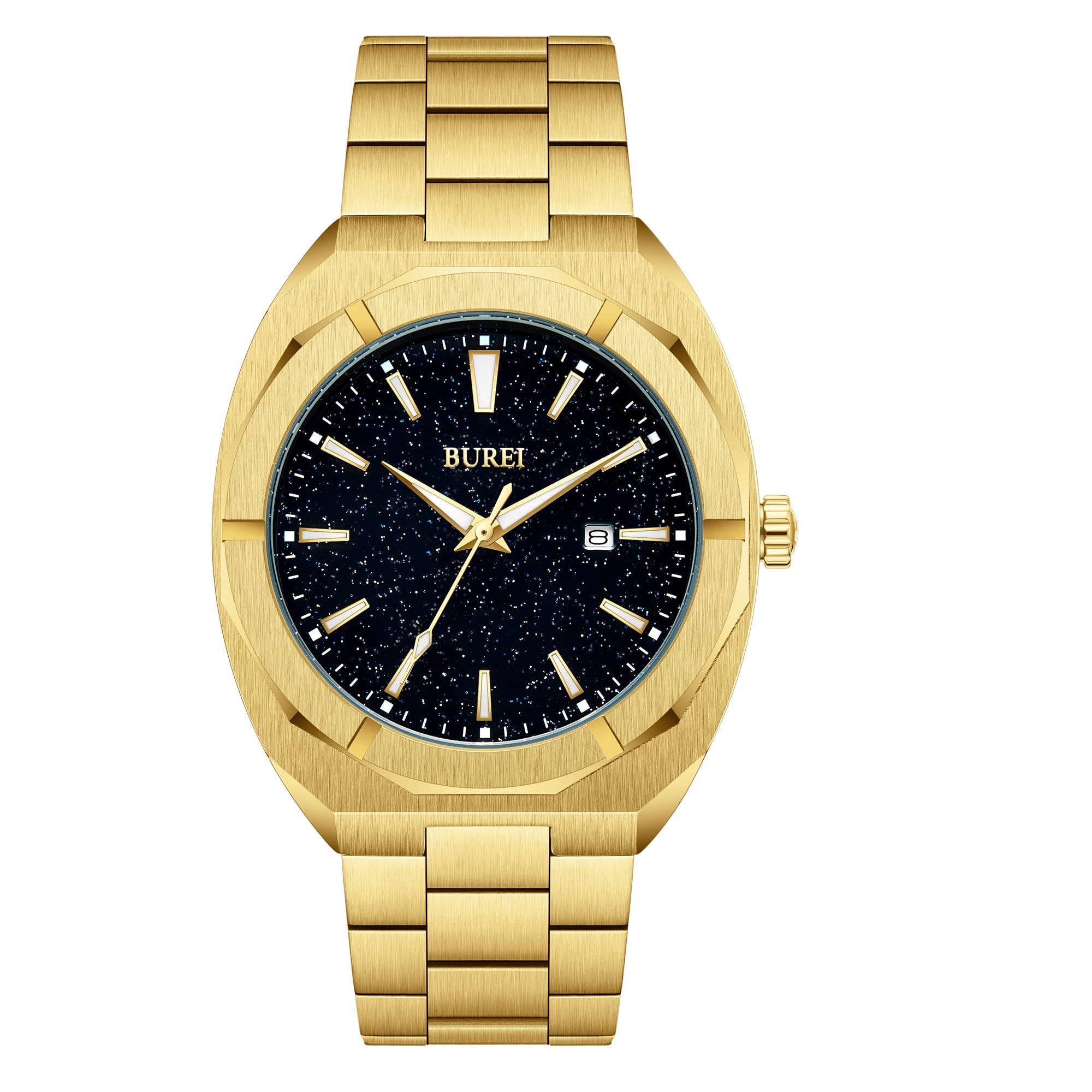 BUREIMens Minimalist Watch Black Large Face Rose Gold Hands Silver Stainless Steel Mesh Band