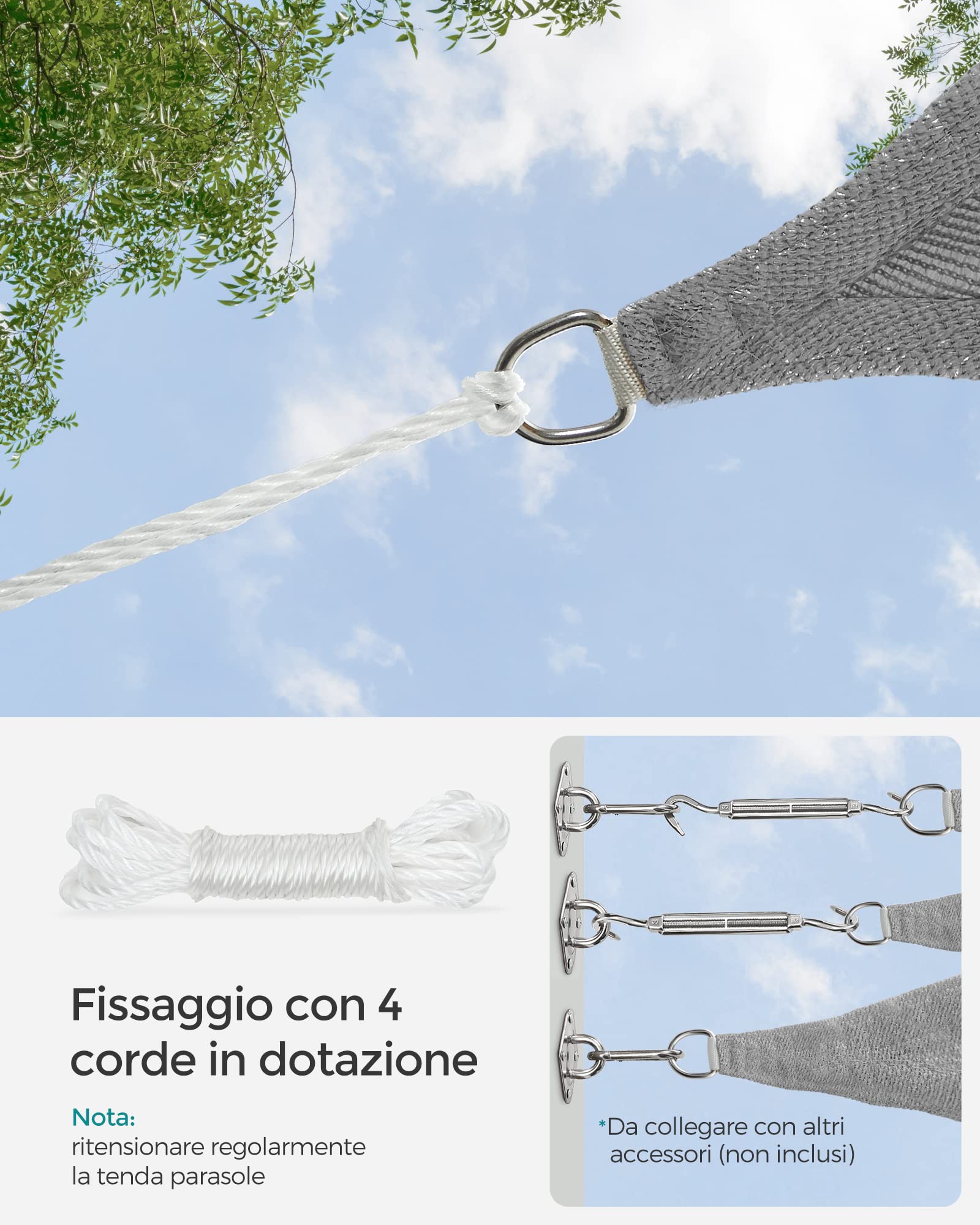 SONGMICS Vela Parasole 3 x 3 m, Tenda da Sole in Tessuto HDPE, Permeabile all'Aria e all'Acqua, per Terrazza, Giardino, Balcone, Campeggio, Quadrata, Concava, Corde da 2 m, Grigio Chiaro GSS33QY