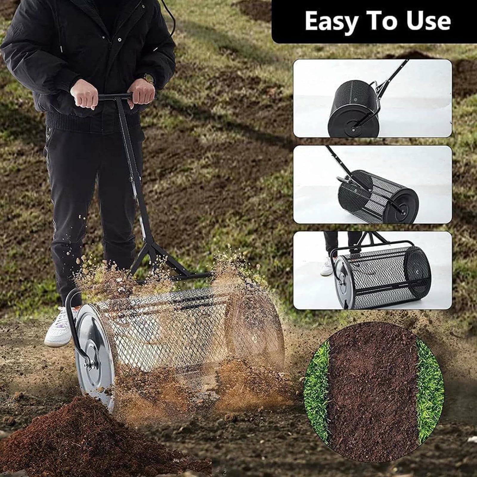 Distribuidor de Compost, Distribuidor de turba, Distribuidor de Malla metálica Ligera y Duradera, Distribuidor de estiércol con Rodillo para césped y jardín