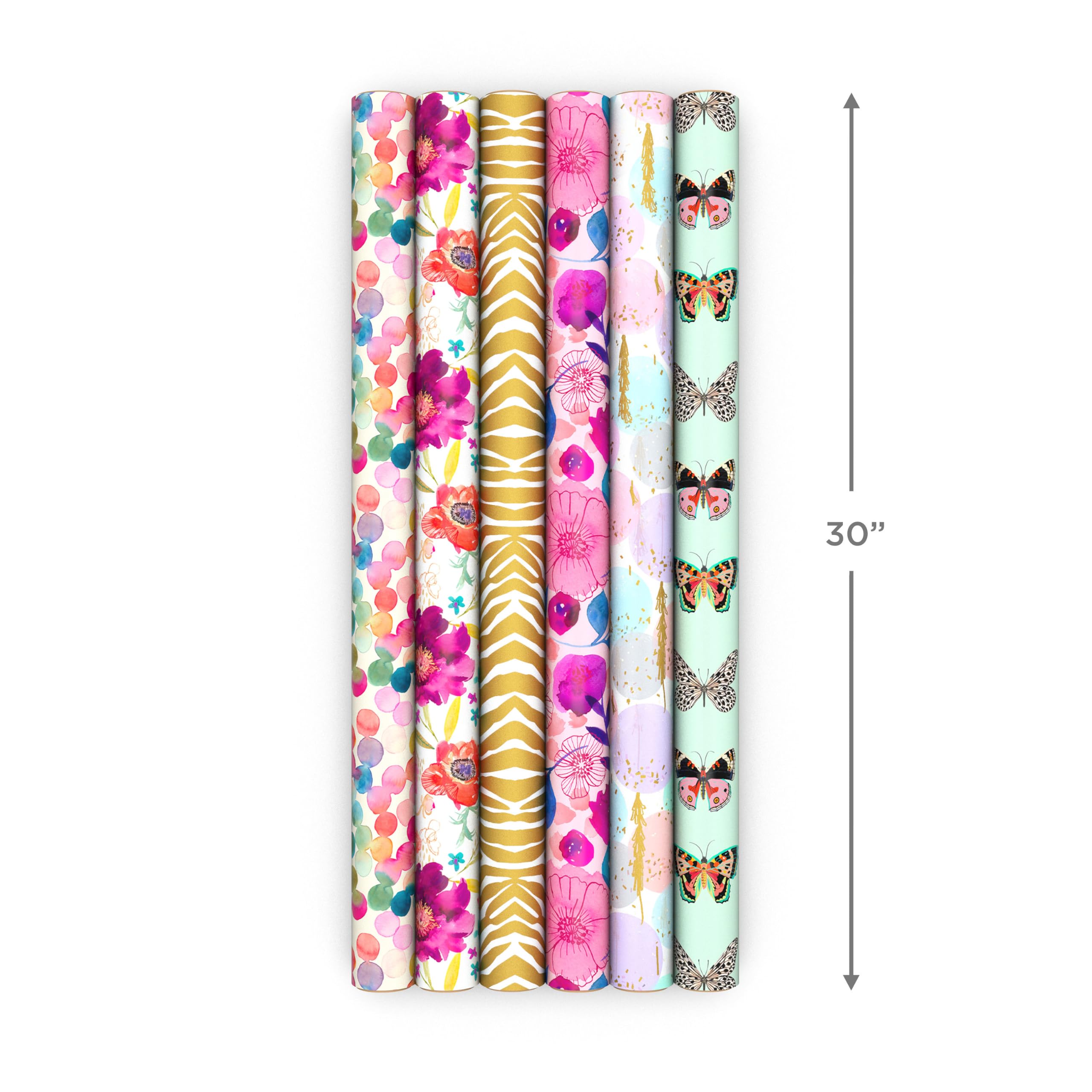 Hallmark Geschenkpapier mit Schnittlinien auf der Rückseite (6 Rollen: 180 m² insgesamt) Schmetterlinge, goldener Tierdruck, rosa Blumen für Geburtstage, Muttertag und mehr