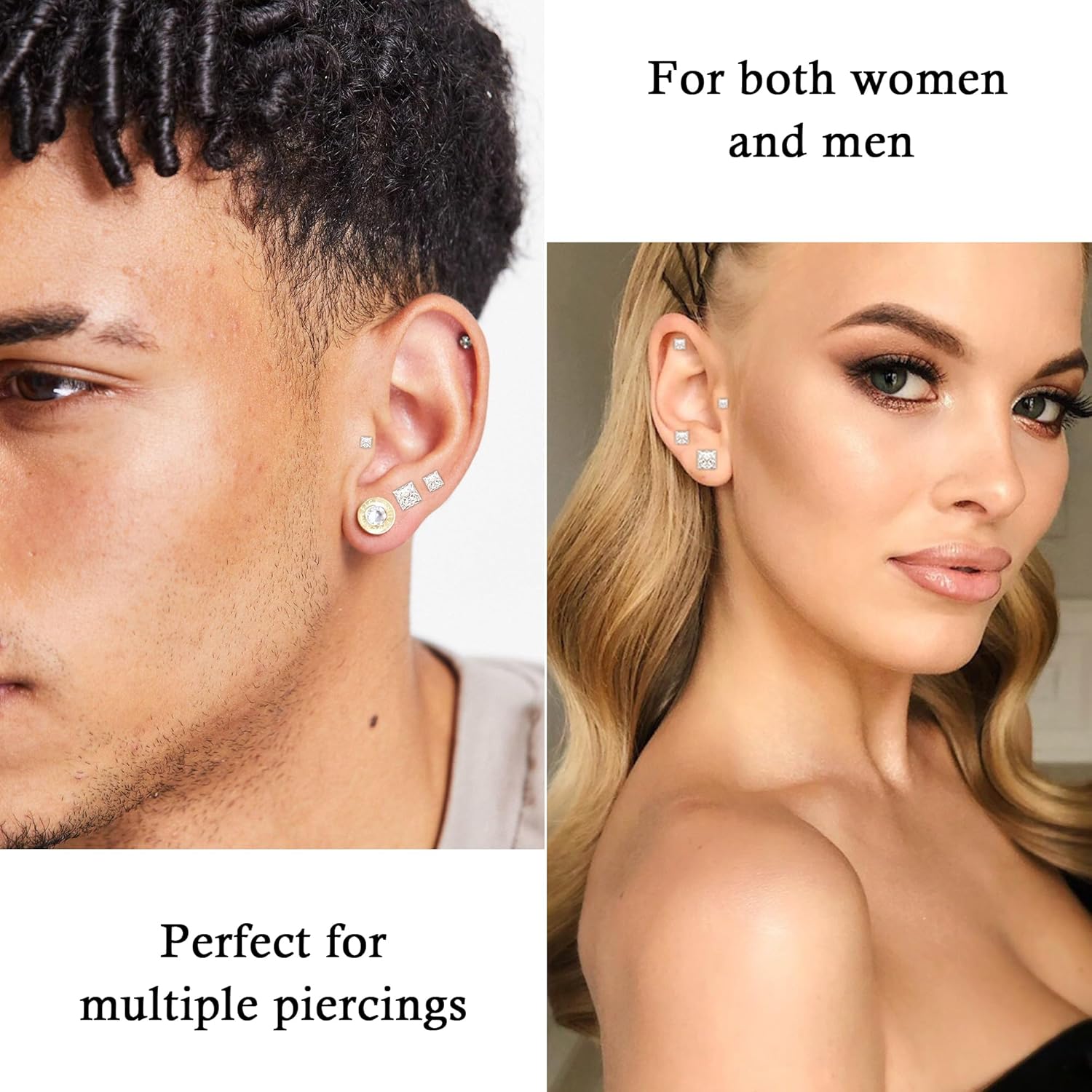 4 Pairs Stainless Steel Earrings, Silver Stud Earrings for Men Square Earrings Cubic Zirconia Earrings Studs for Women Princess Cut Earrings Hypoallergenic Earrings Set Piercing Jewelry - Image 6