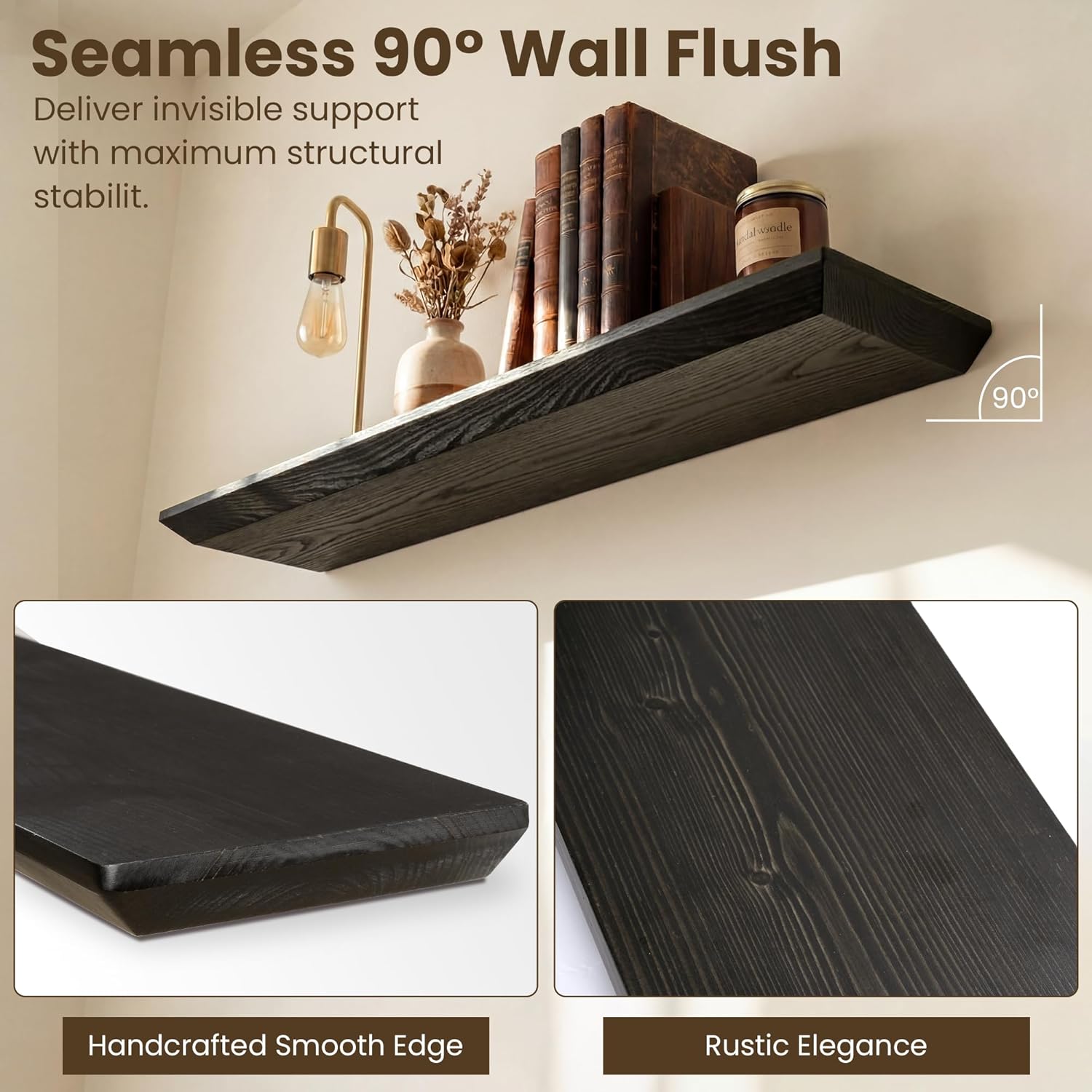Acvoy 36in Wooden Floating Shelves, Natural Spruce Wood Floating Shelf for Wall, Wall Shelves for Living Room Bathroom Bedroom Kitchen, Rustic Black, Set of 2