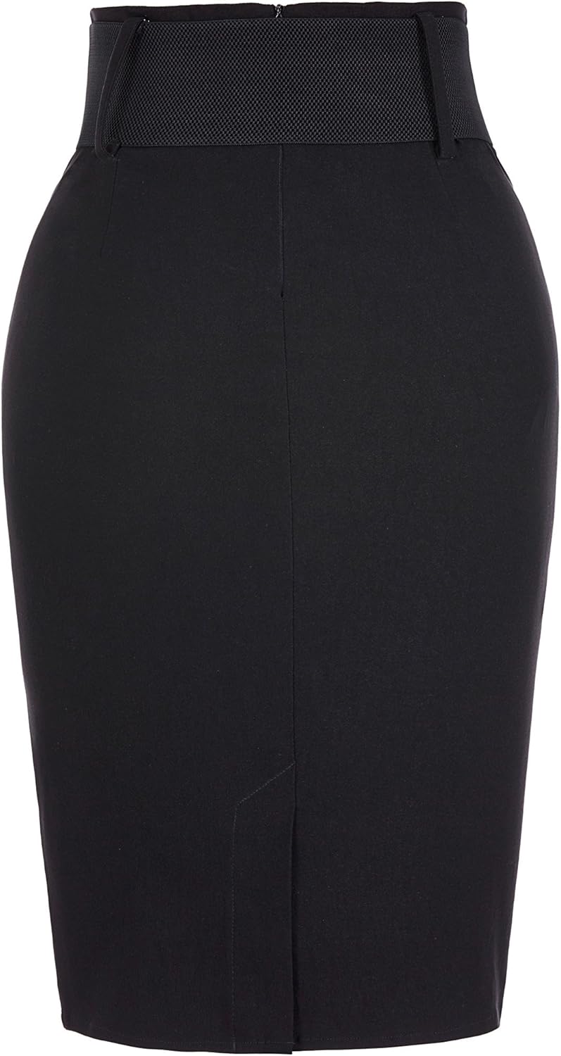 Women's Stretchy Pencil Skirt Side Pleated Business Skirts with Belt KK271(28 Color) at  Women’s Clothing store
