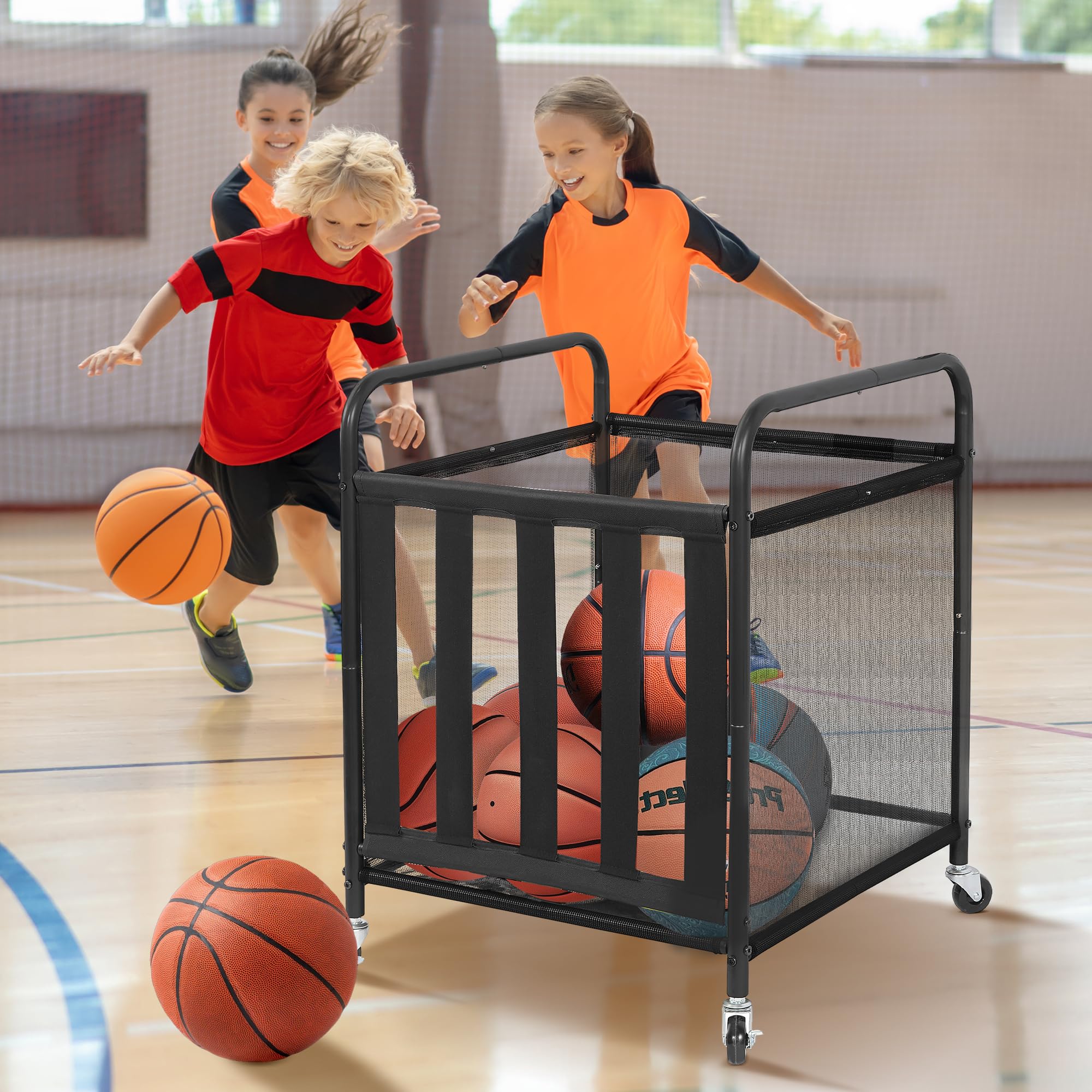 STO STO Rollender Sportball-Aufbewahrungswagen, abschließbarer Basketballkäfig mit elastischen Bändern, Sportgeräte-Halter für drinnen und draußen, Stahl-Aufbewahrungsregal für Spielplatz und