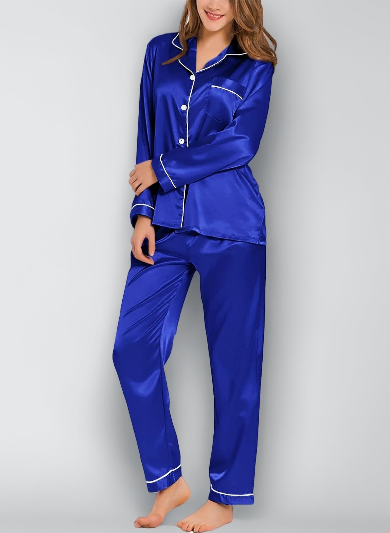 SWOMOG Women's Pyjama Set Silk Satin Long Sleeve Button Down Pyjamas Two Piece Comfy Sleepwear and Loungewear Set