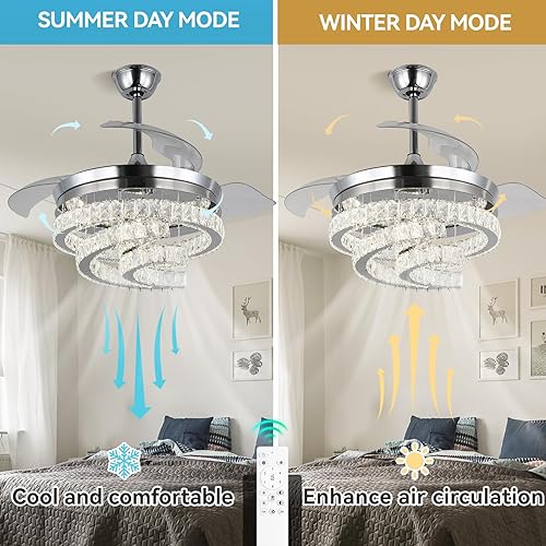 Miniatura 4 de Cainjiazh Ventilador de techo retráctil de 42 pulgadas, modernos ventiladores de techo con luces y control remoto, ventilador de techo con luces