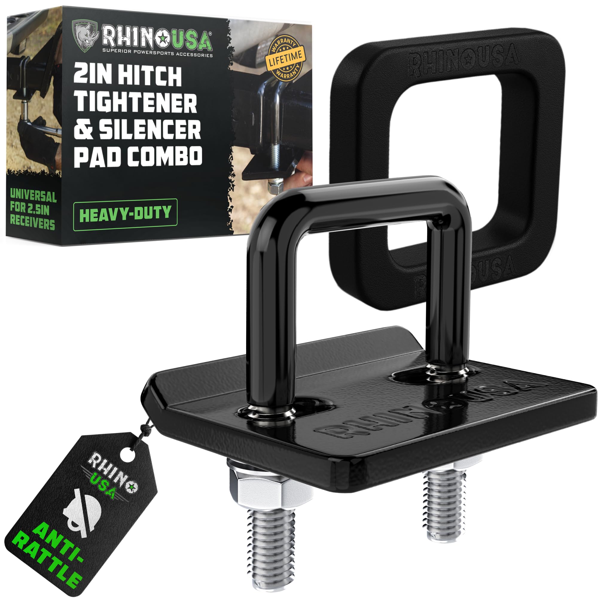 Rhino USA Hitch Tightener Anti Rattle Clamp with Silencer Pad (for 1.25 and 2 inch Hitches) Heavy Duty Steel Trailer Hitch Stabilizer - Weatherproof Protective Anti-Rust Silencer for Receiver