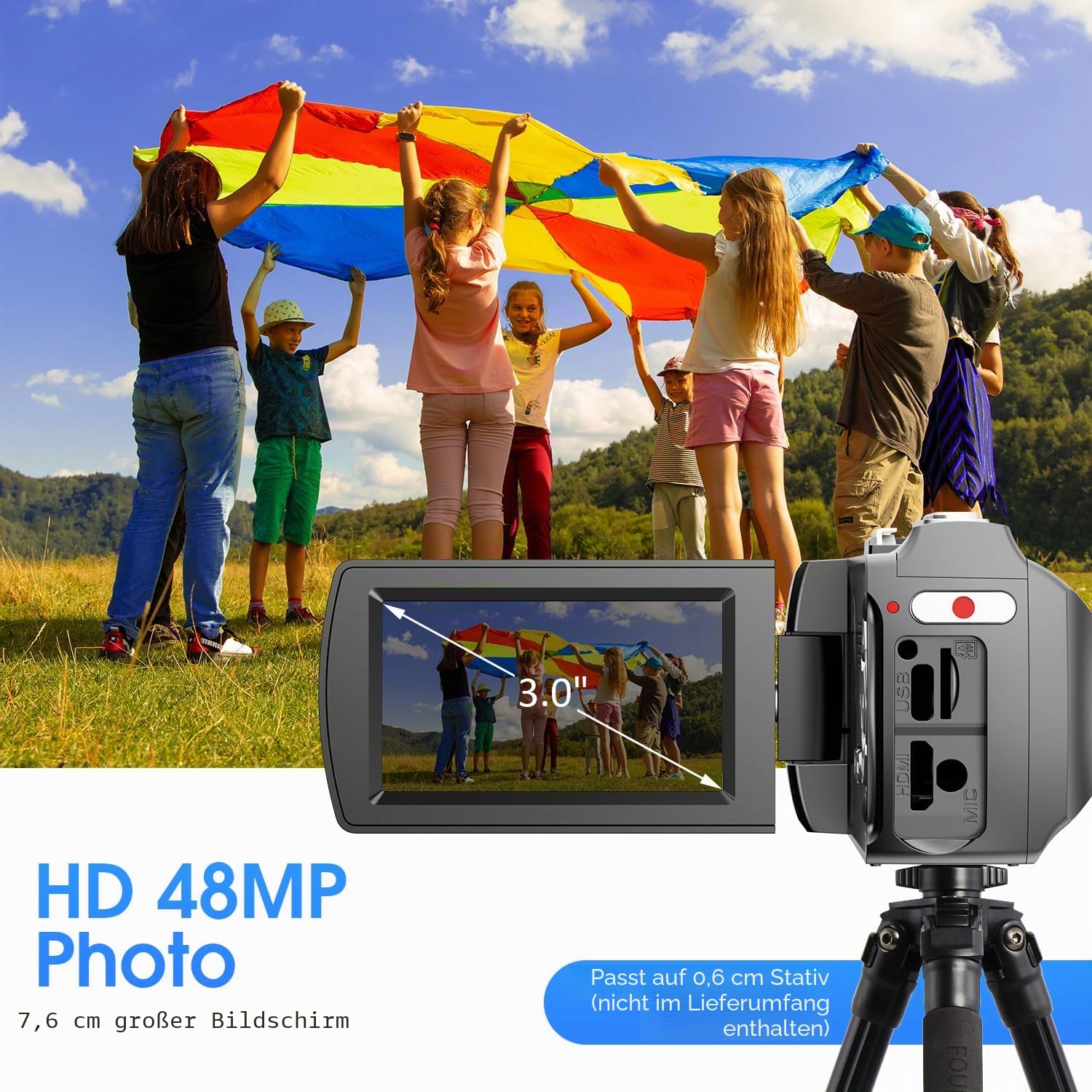 Digitale Videokamera 4K, 48MP Foto/4K 60fps Videorecorder, Anfänger-Video-Camcorder für Vlogging, Youtube, mit 2 Batterien/externem Mikrofon/SD-Karte/Fernbedienung