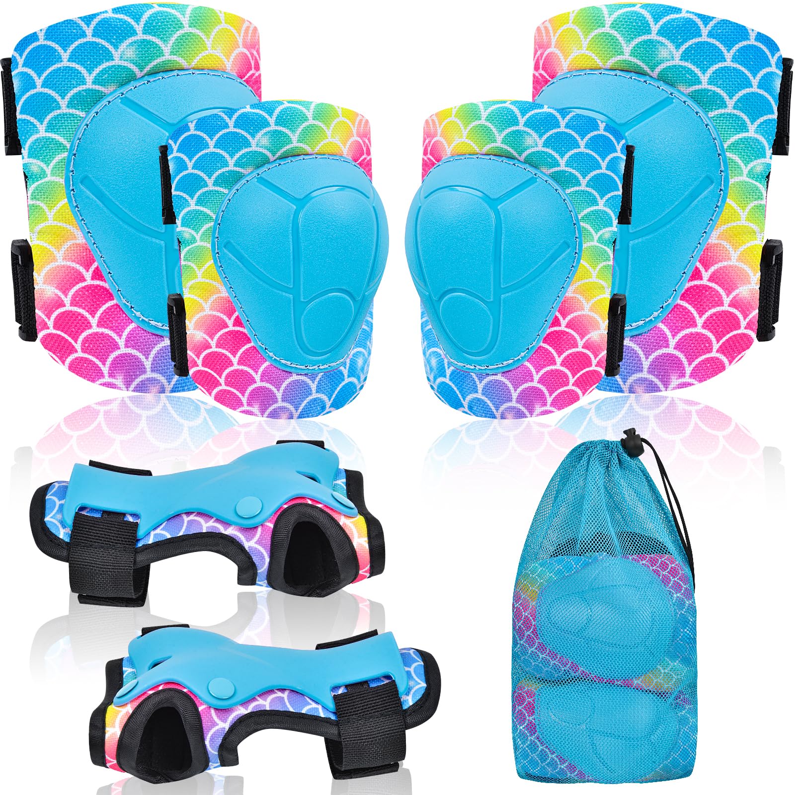 Knee Pads for Kids Adjustable Protective Gear Set with Mesh Bag Knee Pads and Elbow Pads Wrist Guard for Girls Kids Roller Skates Cycling Skateboard Scooter, 3-8 Years