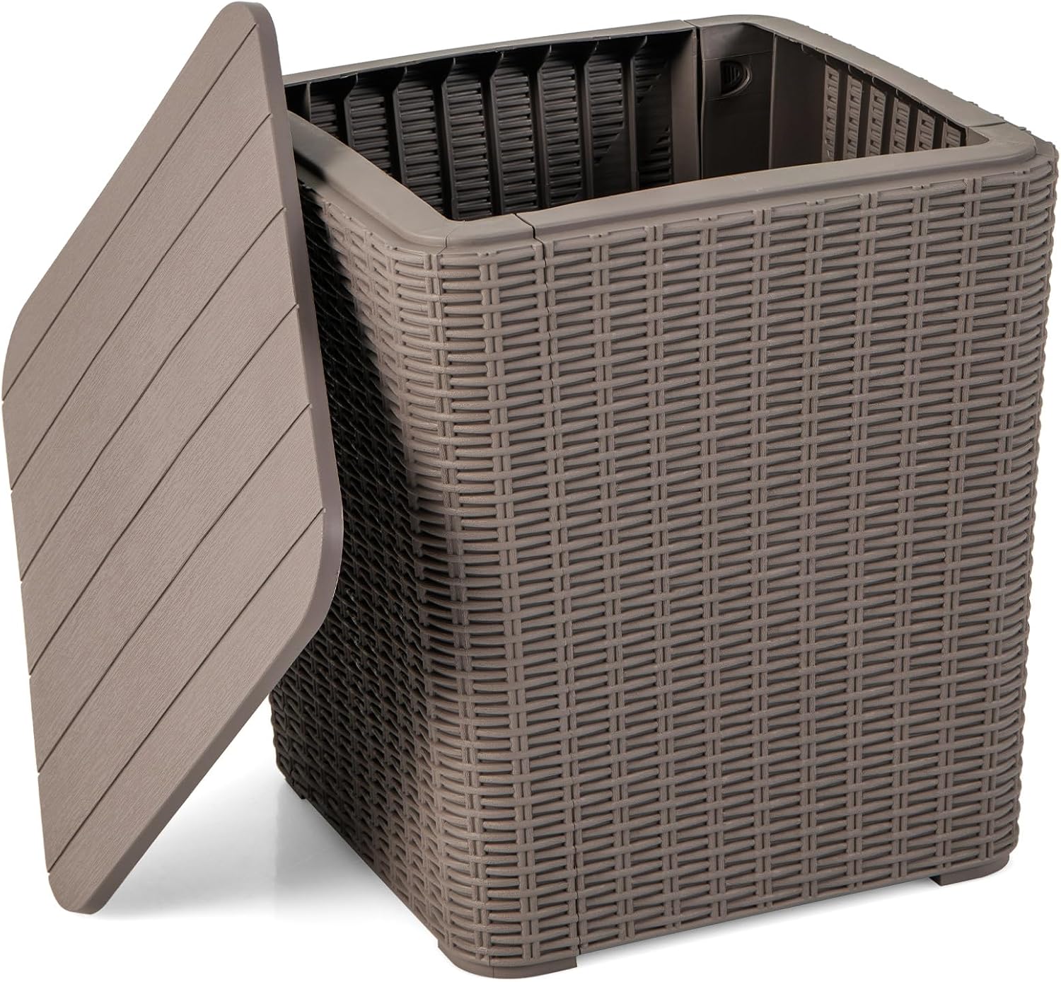 Giantex 11.5 Gallon Deck Box, Outdoor Side Table with Removable Lid, Faux Wicker-Woven, 330Lbs Capacity, Outside Waterproof Storage Box, Resin Rattan Small Coffee Table for Patio Poolside (Brown)