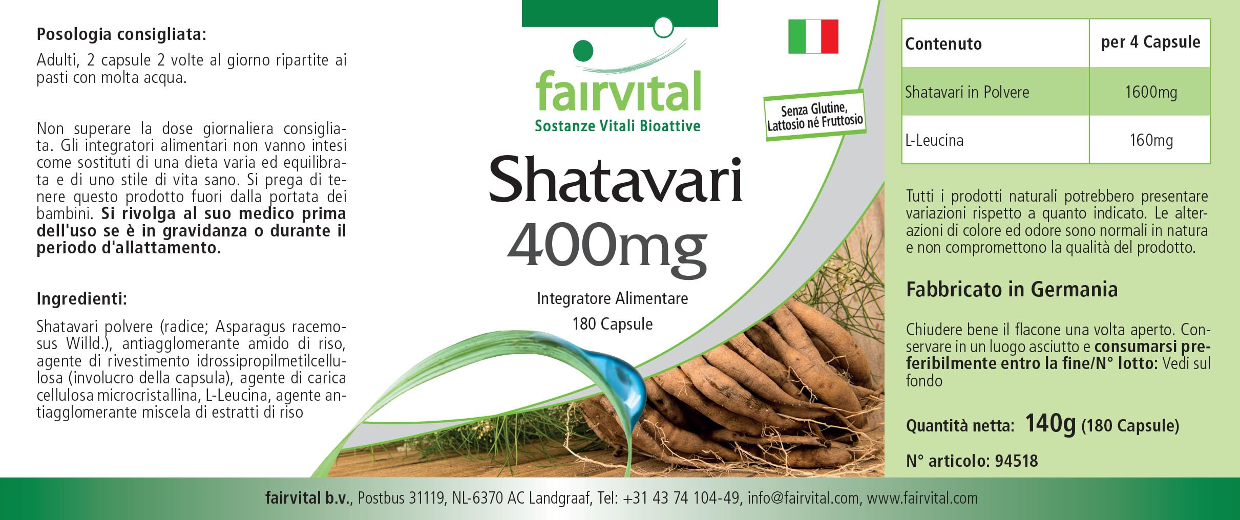 fairvital Shatavari 400mg, 180 gélules, HAUTEMENT DOSÉ, 400mg par gélule, VÉGÉTALIEN, Asparagus racemosus, asperge indienne