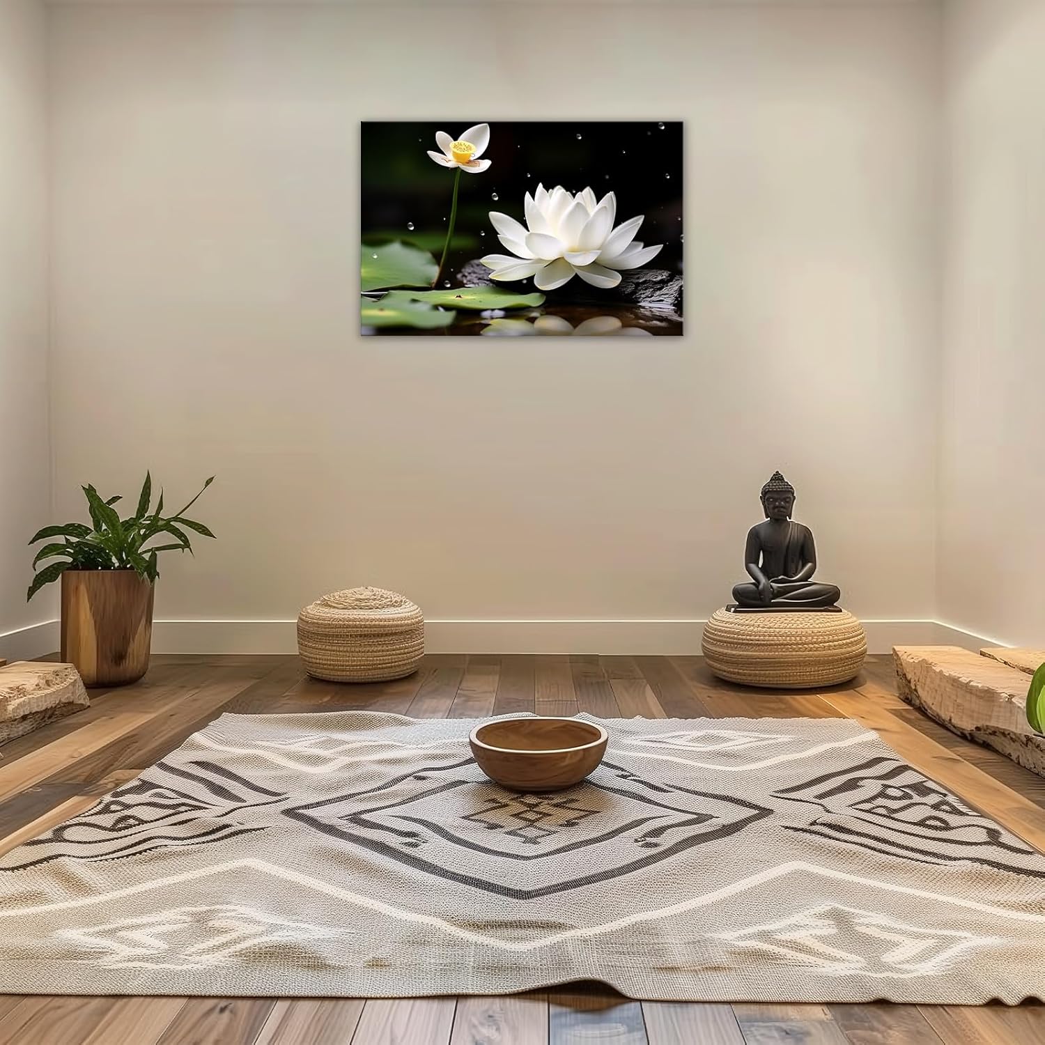 GLOKAKA Zen Canvas Wall Art White Lotus Bloom In Water With Spa Stone Pictures Lotus Pond Painting Serene Spiritual Decor for Yoga Meditation Room Living Room Office