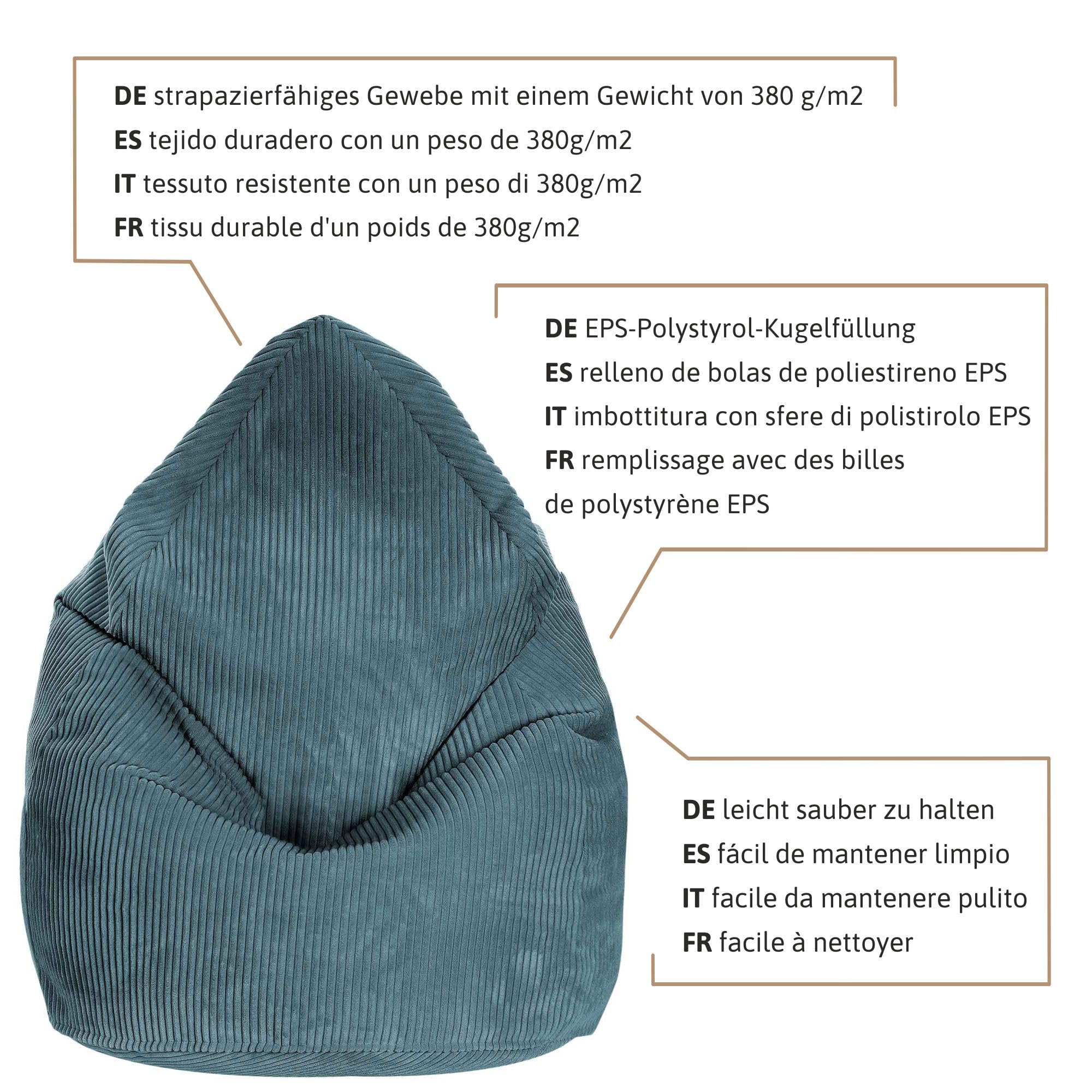 DreamRoots Sitzsack für Kinder 80x80x120cm - Cord Bean Bag Chair Mit Füllung, Lehne und Bezug - für Mädchen und Jungen