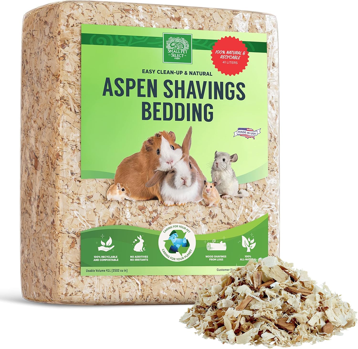 SMALL PET SELECT Aspen Bedding 41L, Litter for Rabbit, Guinea Pig, Hamster, Bunny and other Small Animals, Real Wood Shavings, 41L