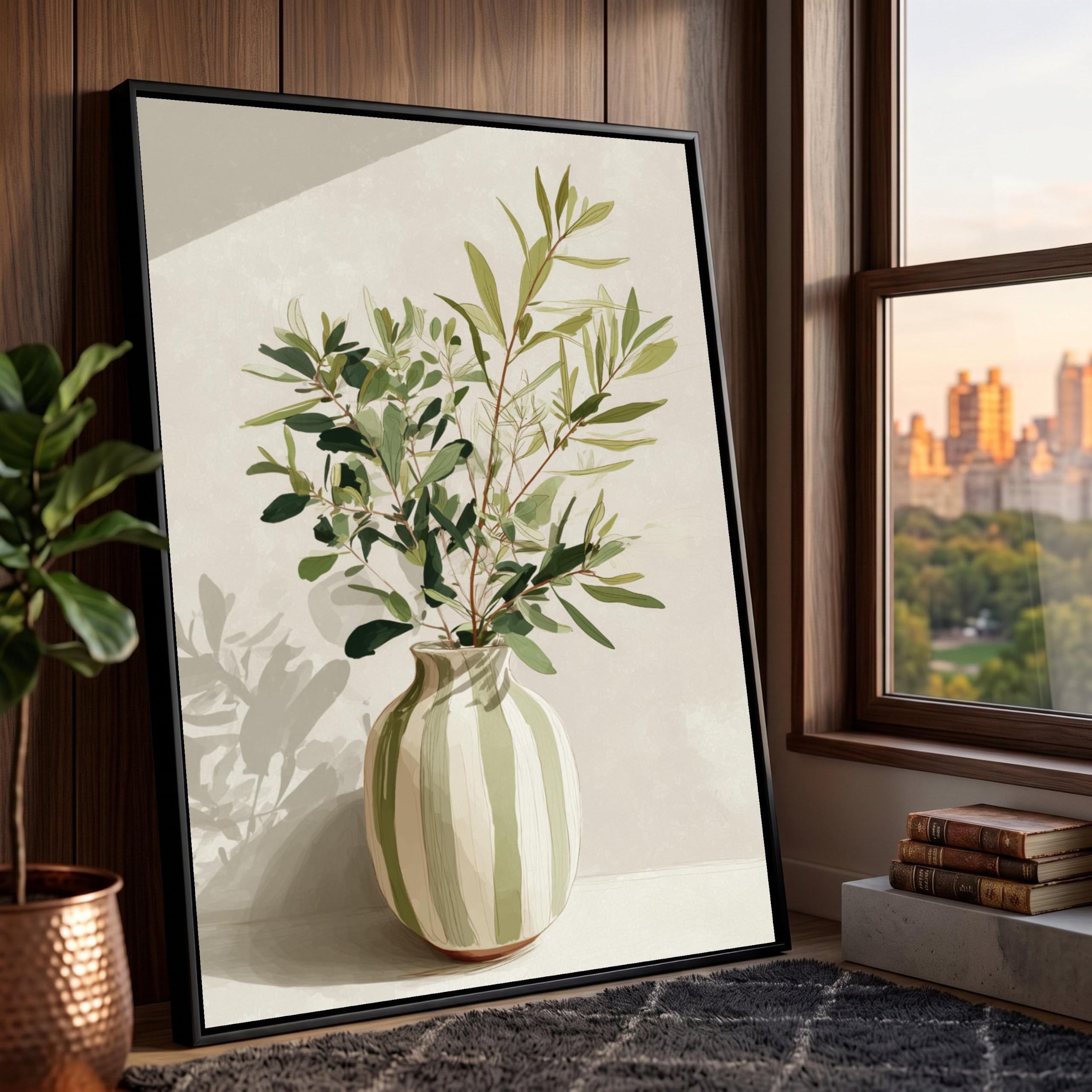 CAOXTART Olive Leaf Arrangement Canvas, Still Life Painting, Botanical Wall Art, Rustic Vase Posters and Prints, Home Decor(40x60cm/Frameless)