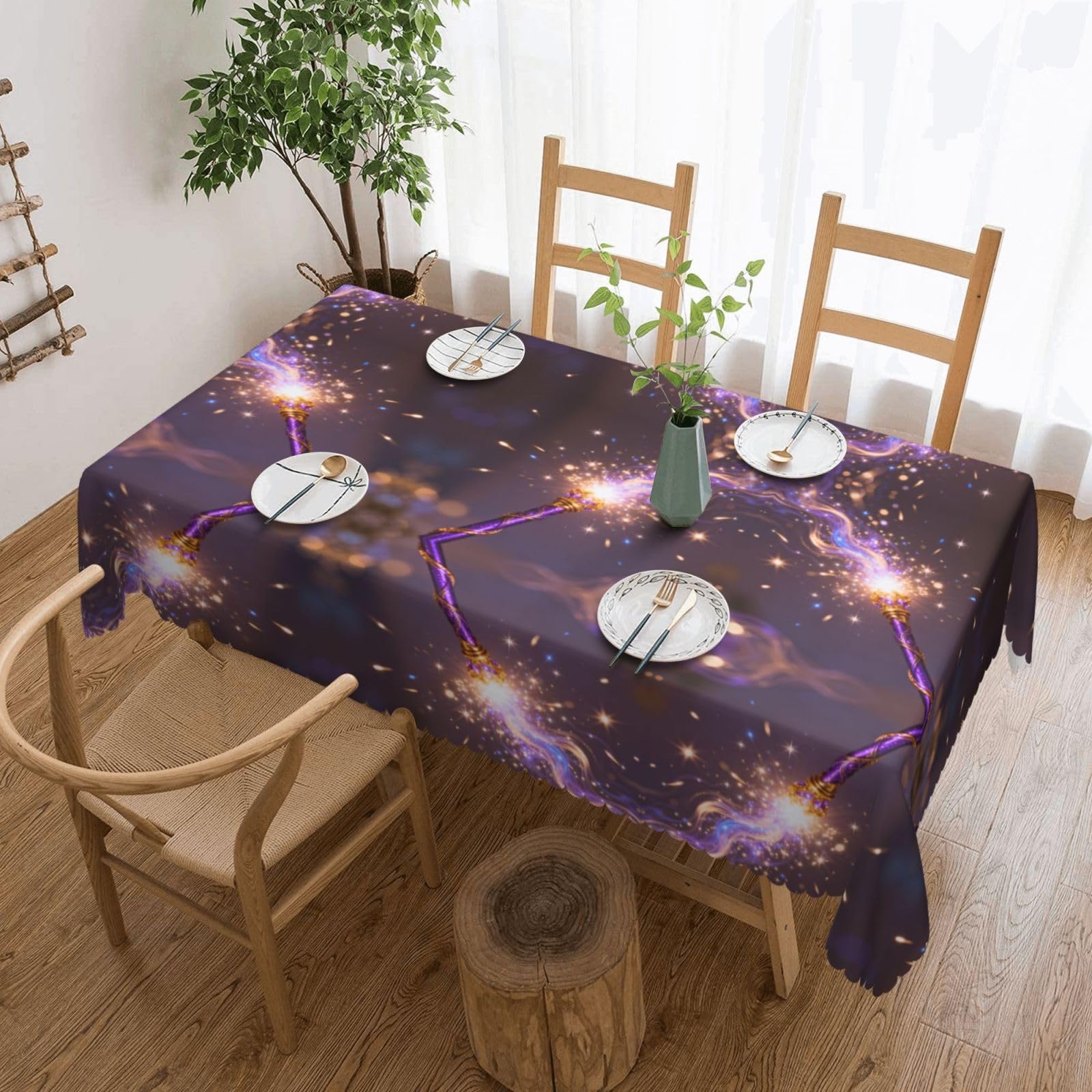 CNTDBU Wizard Wand Sparkle Scalloped Edge Tablecloth 54x72-Waterproof Stain Resistant Wrinkle Free Cover, Square Table Cloth for Dining Party
