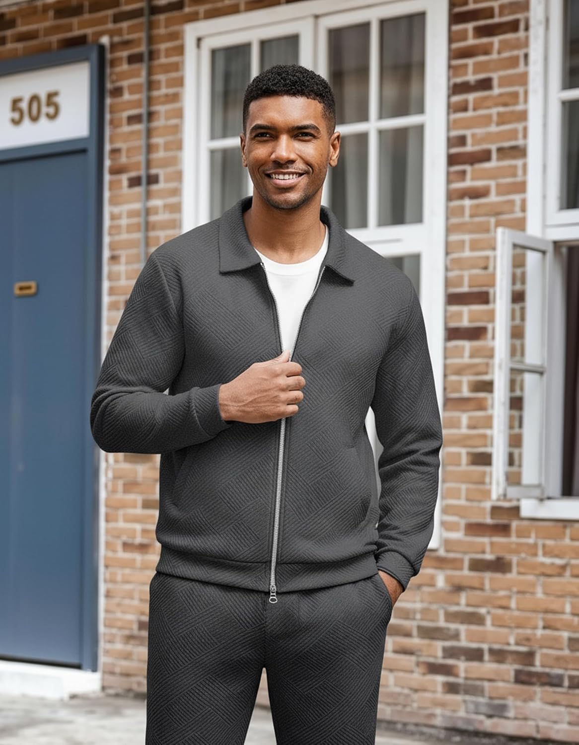 UOUA Mens 2 Piece Tracksuits Set Casual Jacquard Sweatsuits Outfits Full-Zip Jakcet & Loose Jogging Pants - Image 4