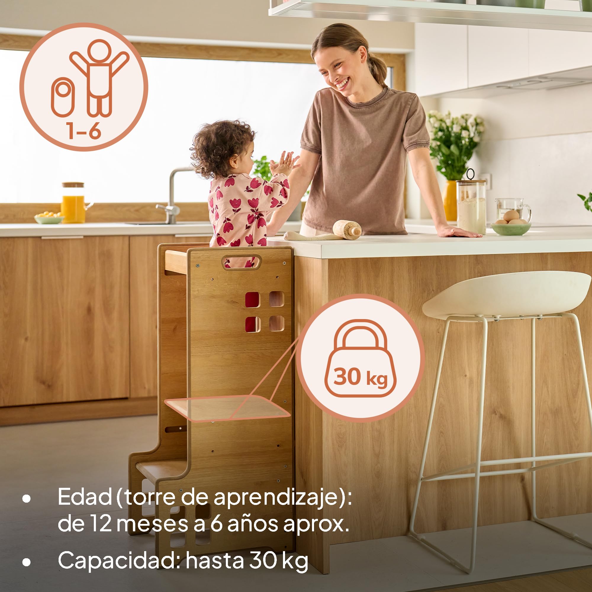 LIONELO CASS Ayudante de Cocina 2 en 1 Torre de Aprendizaje Montessori Desde 1 Año Barra de Seguridad Ajustable en Altura Robusto Taburete de Cocina Estantería Librería Hasta 30 kg