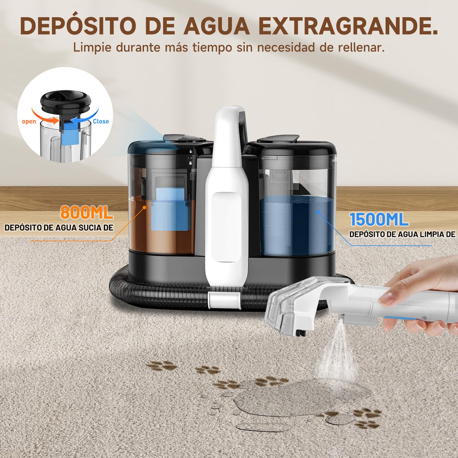 Dispositivo limpiador de tapicería con aspirador en húmedo, 18 Kpa Pro Power, limpiador de alfombras con detergente, 600 W, aspiradora en húmedo, para alfombras, sofás, tapicería, escaleras