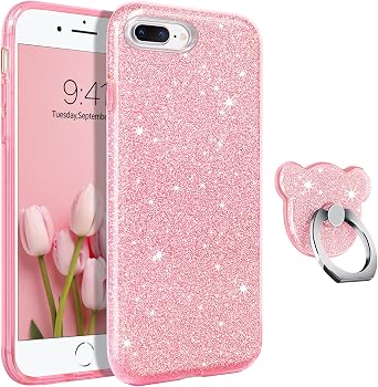 GUAGUA Compatible with iPhone 8 Plus Case, iPhone 7 Plus Case Glitter Sparkle Bling Shiny Cover for Girls Women with Extra Ring Holder Kickstand Slim Protective Cases for iPhone 7/8 Plus 5.5" Pink