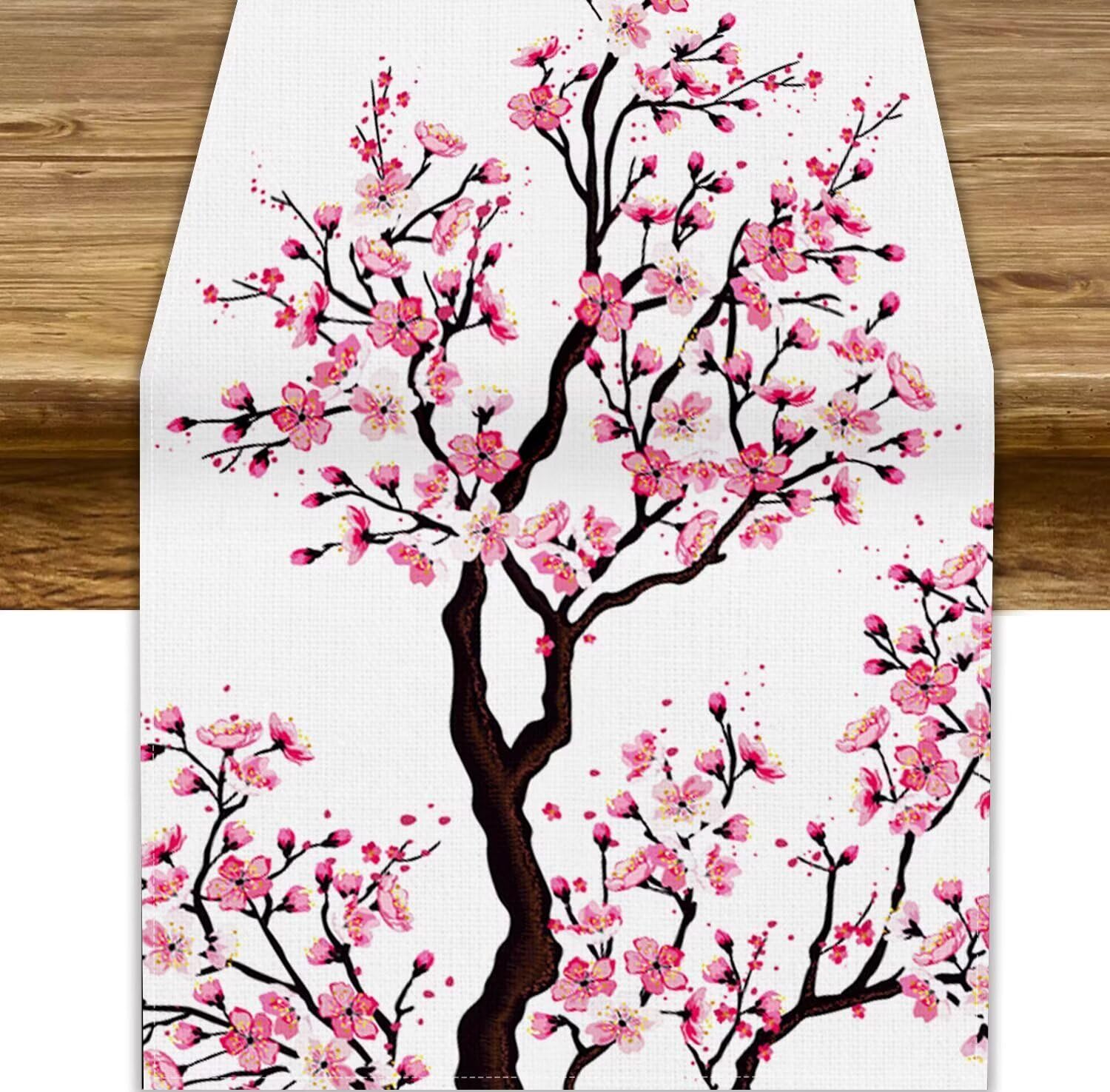 Cherry Blossom Table Runner,Pink Asian Seasonal Spring Japanese Style Kitchen Dinner Table Runners for Dresser Dining Party Wedding 13x70in