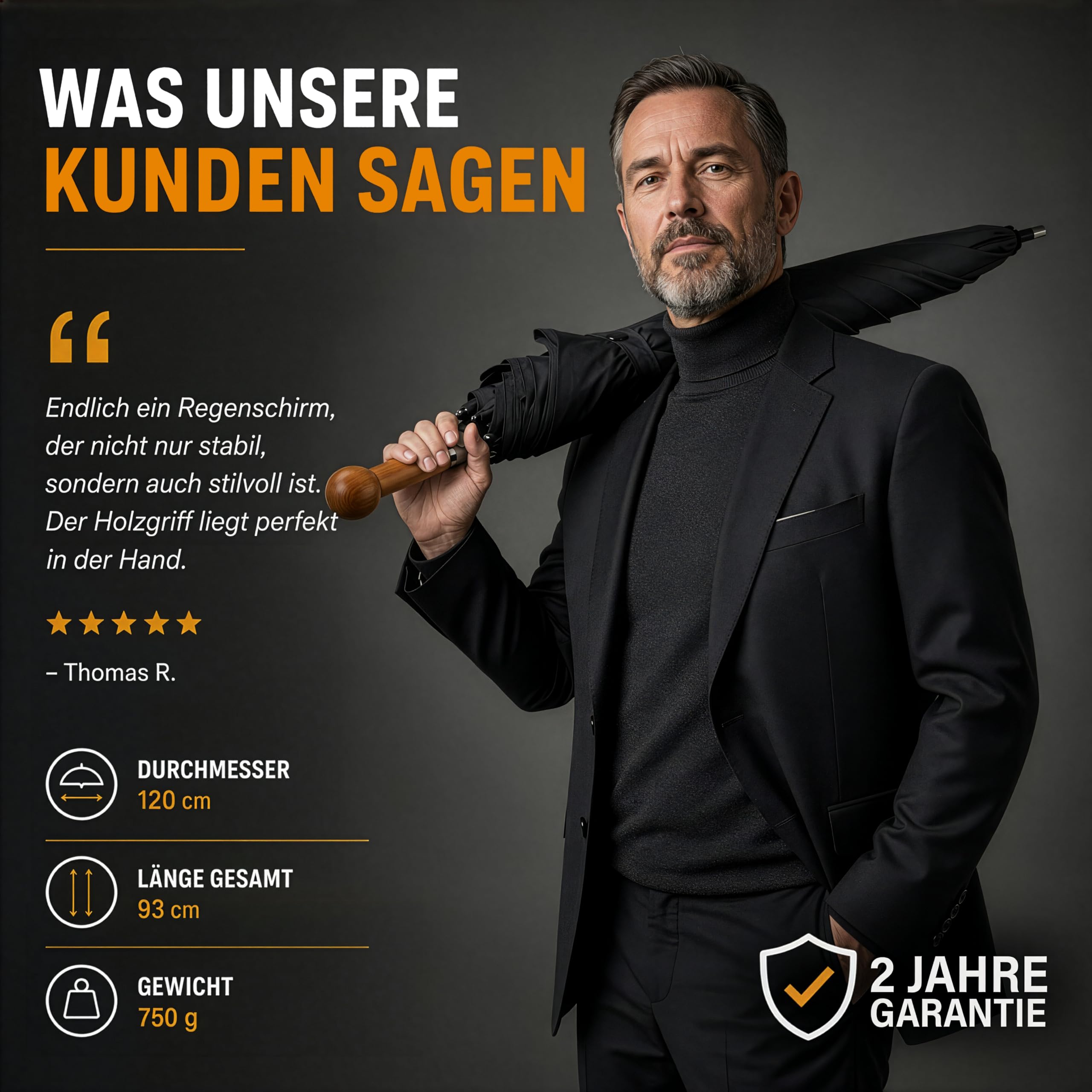 Sicherheitsschirm Selbstverteidigungsschirm XXL – Extrem stabil & nahezu unzerbrechlich – Fiberglas-Kern – Massivholzgriff – Sturmfest für 2 Personen – Regenschirm Selbstverteidigung schwarz