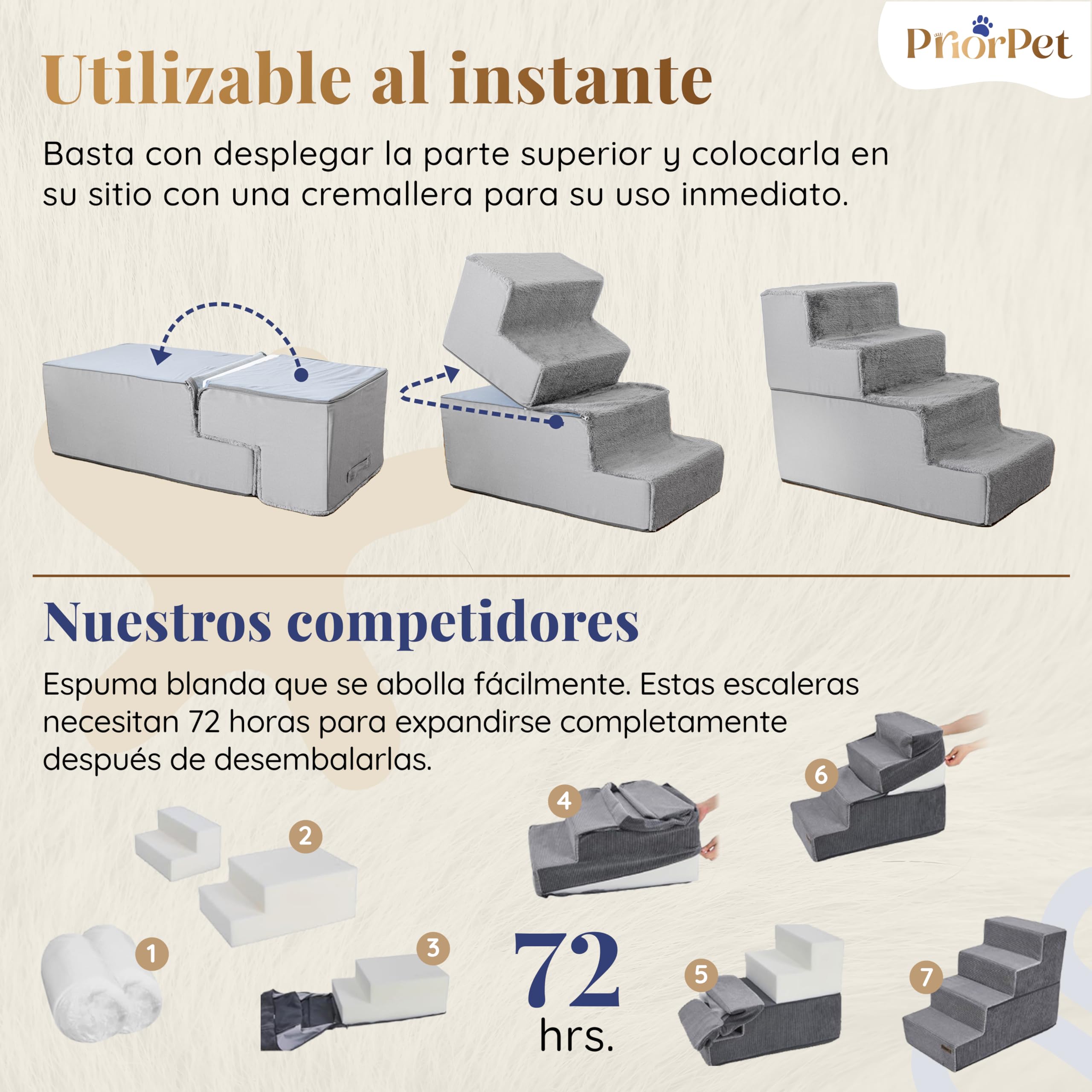 Escaleras Perros Subir a la Cama - Rampa para Perros de 4 peldaños - Escalera para Perros pequeños de Espuma de Alta Densidad de 58 cm - Base Antideslizante - Escalera para Mascotas - Gris Claro