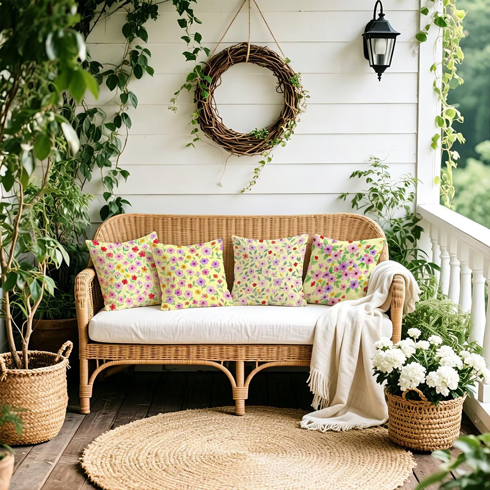 Giallo Federe Cuscini Divano 60x60cm, Cuscini da Esterno Set de 4, Cod-164 | Lin Copricuscini Decorativi Letto Arredo, per Letto, Soggiorno, Giardino, Esterno, Casa Decorazione Set di 4 Piccolo Fiore