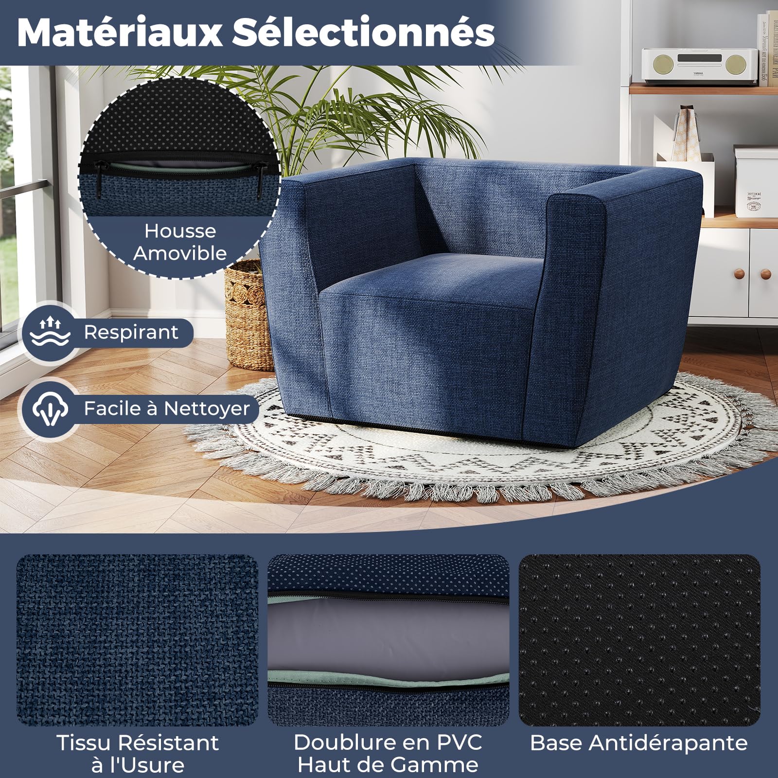 RELAX4LIFE Canapé Gonflable Portable 1 Place avec Large Assise Accoudoirs Spacieux, Housse Amovible, Fauteuil Gonflable Charge 150KG, Pompe Non Inclus, pour Salon Chambre Bureau (Bleu foncé)