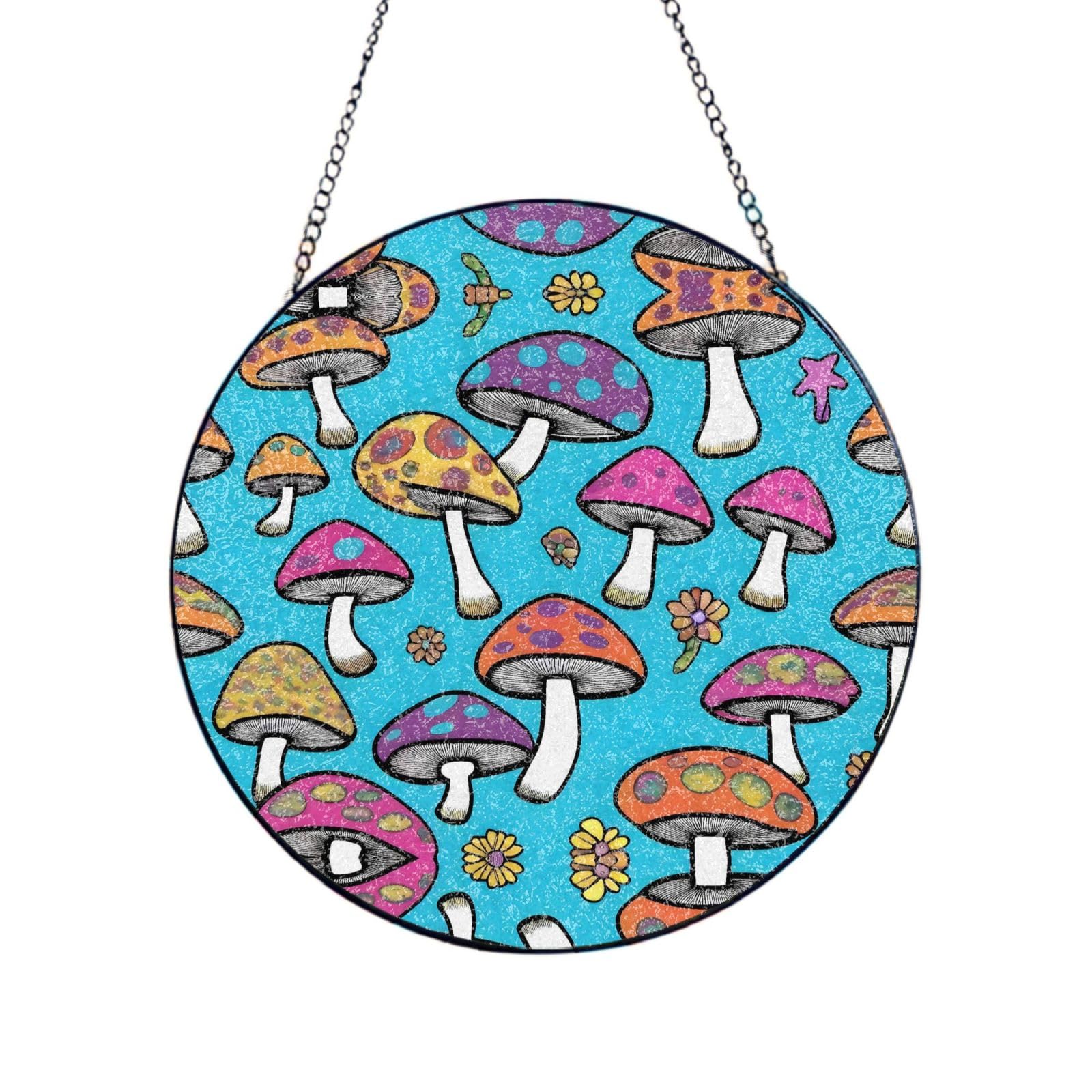 Phayah Hippie Mushrooms Print Glass Window Hanging Sun Catchers Suncatcher Decor For Birthday For Home Garden Porch 6in（15cm）