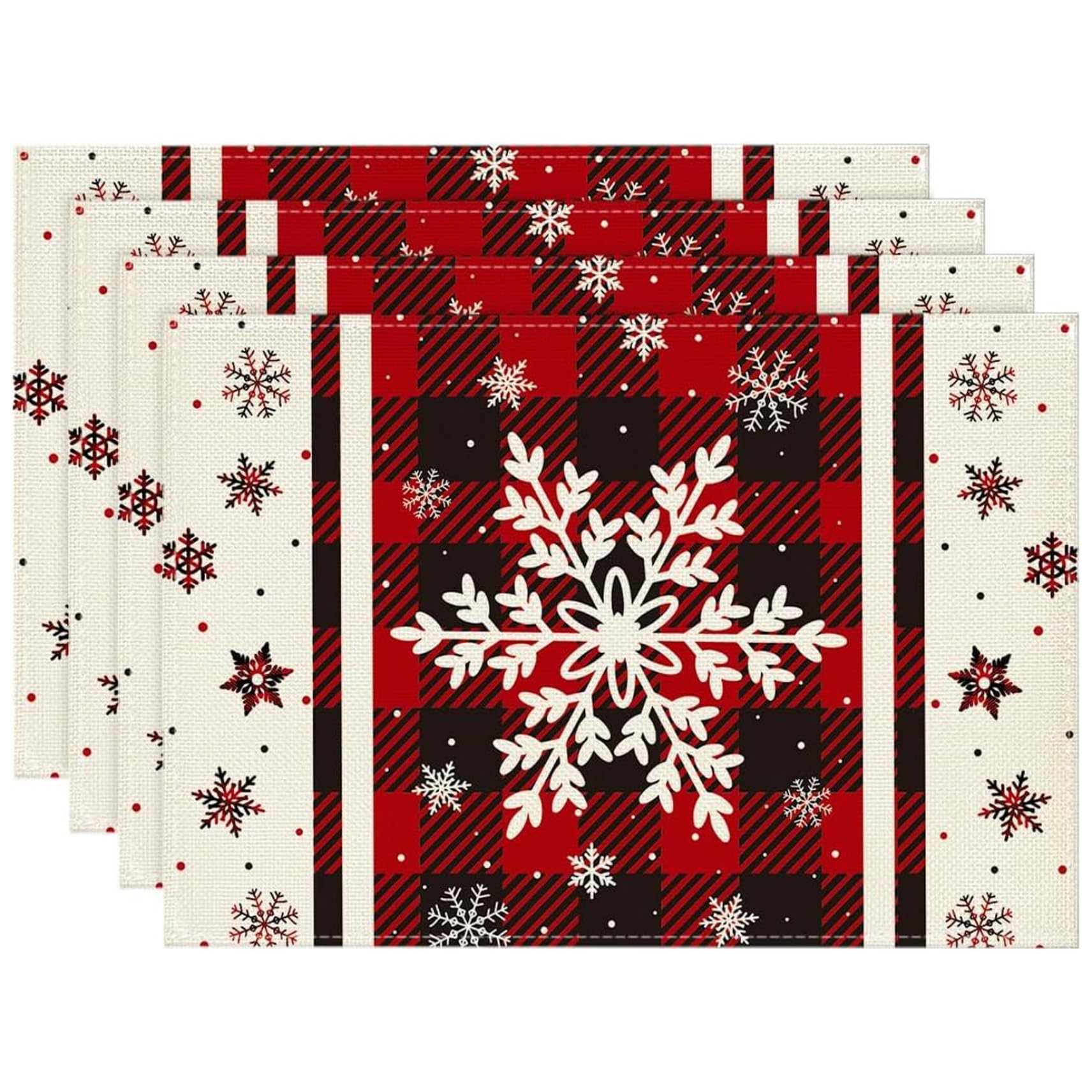 Wedhapy Placemats Set of 4 4Pcs Christmas Placemats 12x18 Red and Black Plaid Linen Snow Table Mat for Winter Christmas Holiday Home Kitchen Table Decorations