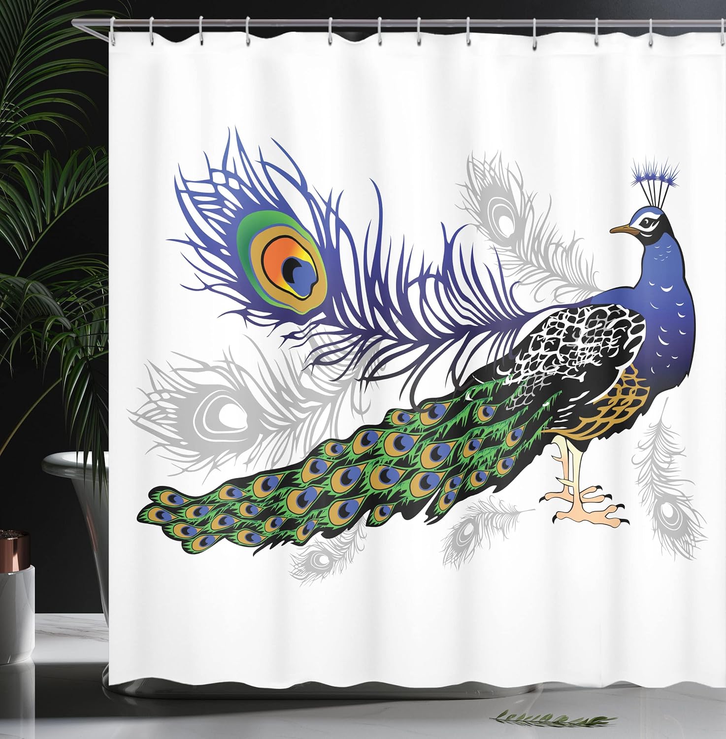 Ambesonne Peacock Shower Curtain, Male Peacock Feathers Springtime Wilderness Crowned Majestic Animal Pattern, Cloth Fabric Bathroom Decor Set with Hooks, 69" W x 84" L, Night Blue Charcoal Grey