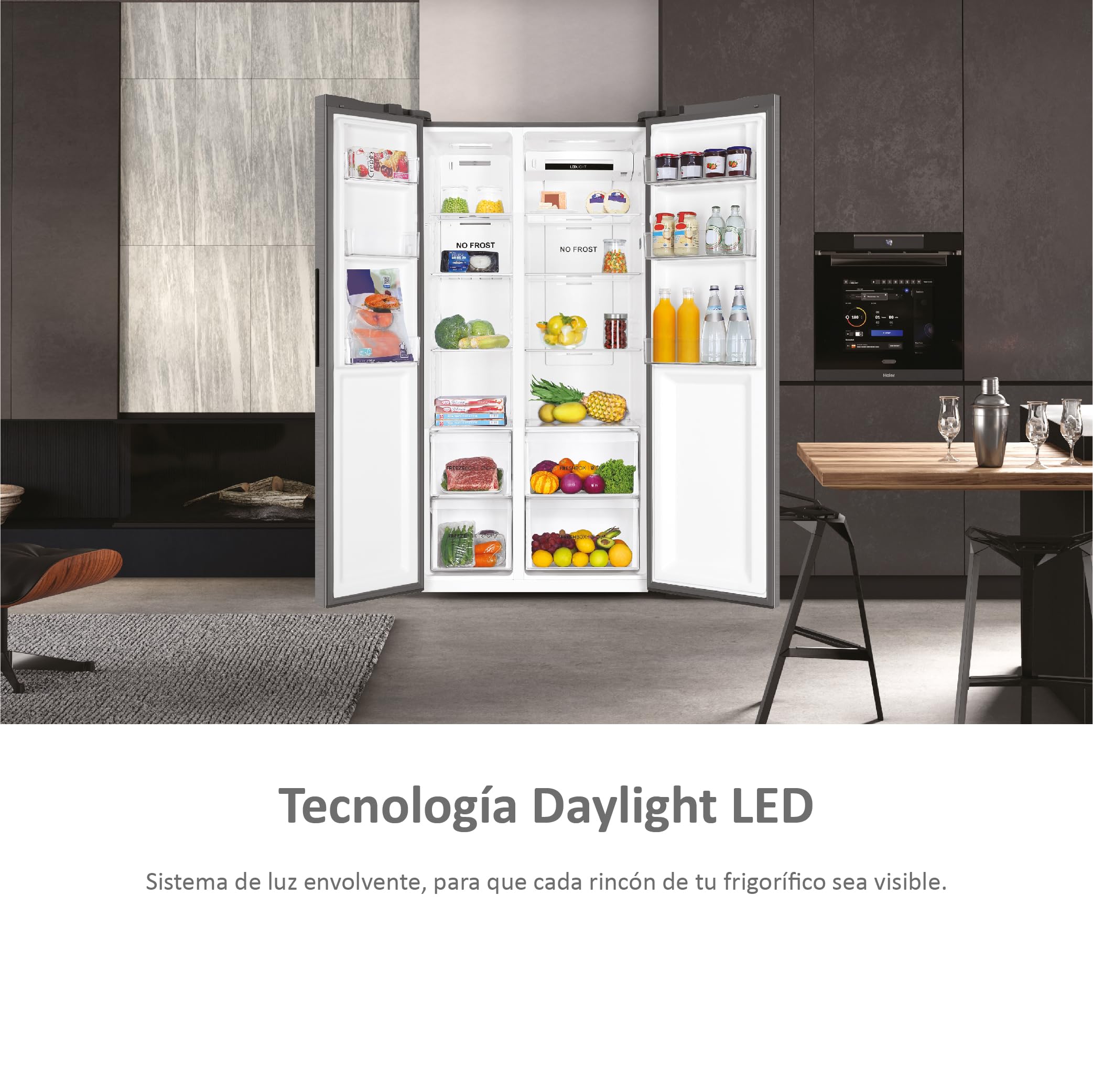 Haier FD 83 Series 7 HB18FGSAAA - Frigorífico, Puerta Francesa, Tecnología Antibacterias, Motor Inverter, My Zone, Humidity Zone, Ancho 83cm, Capacidad XXL, Total No Frost, Cristal Inox