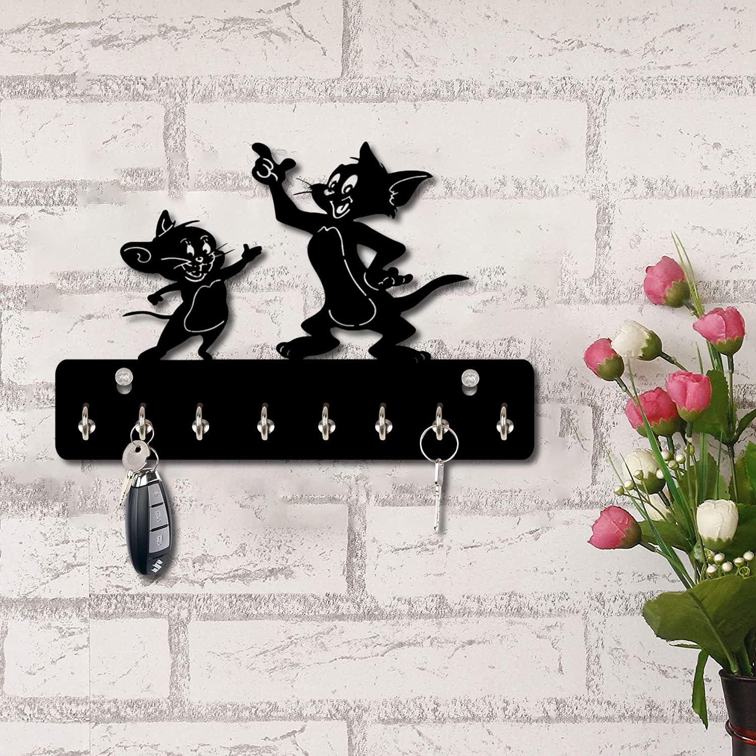 RHT Tom & Jerry Designer 8 Hooks Entryway for Kitchen | Office Wall Mount Decorative Keys Organizer & Key Holder (Black)