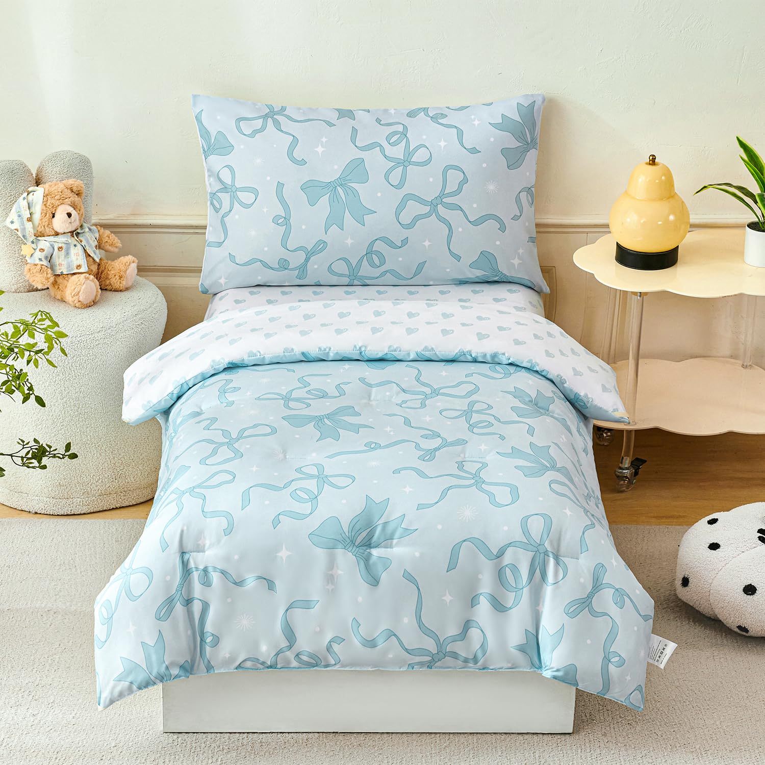 PERFEMET Light Blue Bow Toddler Comforter with Sheet Set for Girls 4 Pieces