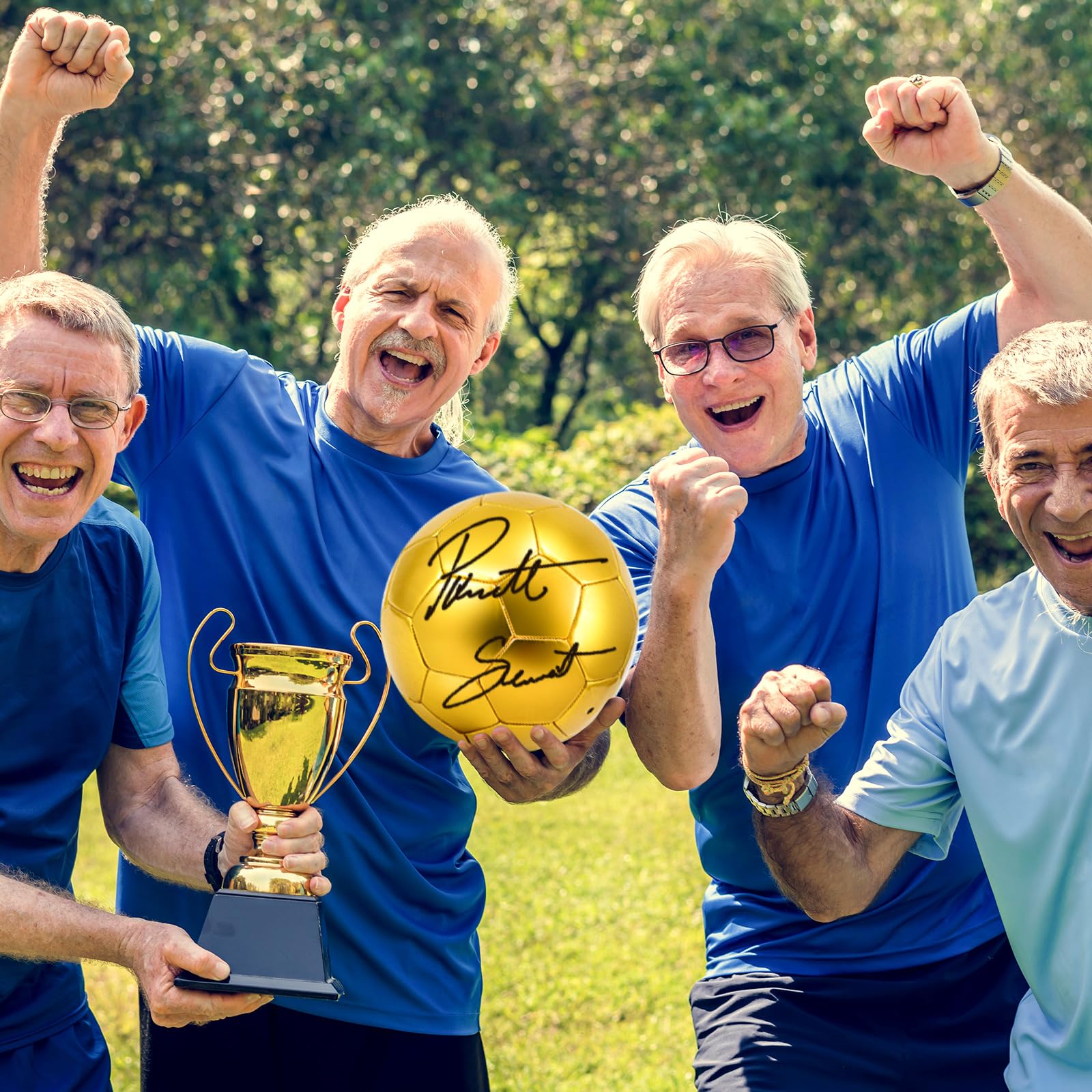 Hiboom Pallone da calcio con autografo dorato con espositore e pompa ad aria, per trofei, anniversari, licei, allenatori, premi, feste di campionato, 4 pezzi