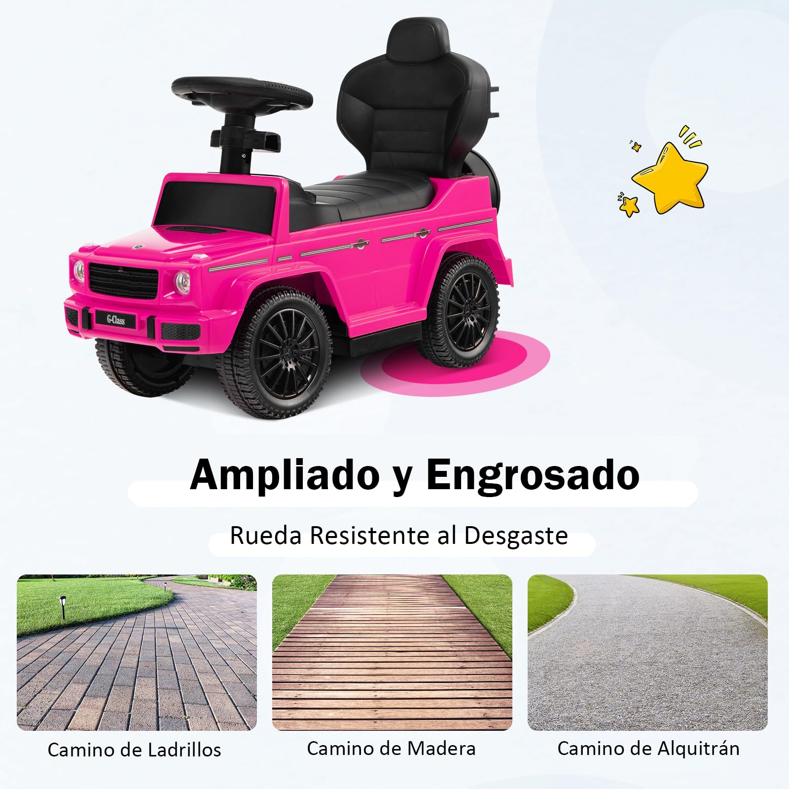 COSTWAY 3 en 1 Coche Correpasillos para Niños, Coche de Paseo Infantil Mercedes Benz con Toldo Ajustable, Manija para Padres, Barandilla para Apoyabrazos, Sonido del Motor y Bocina (Rosa)