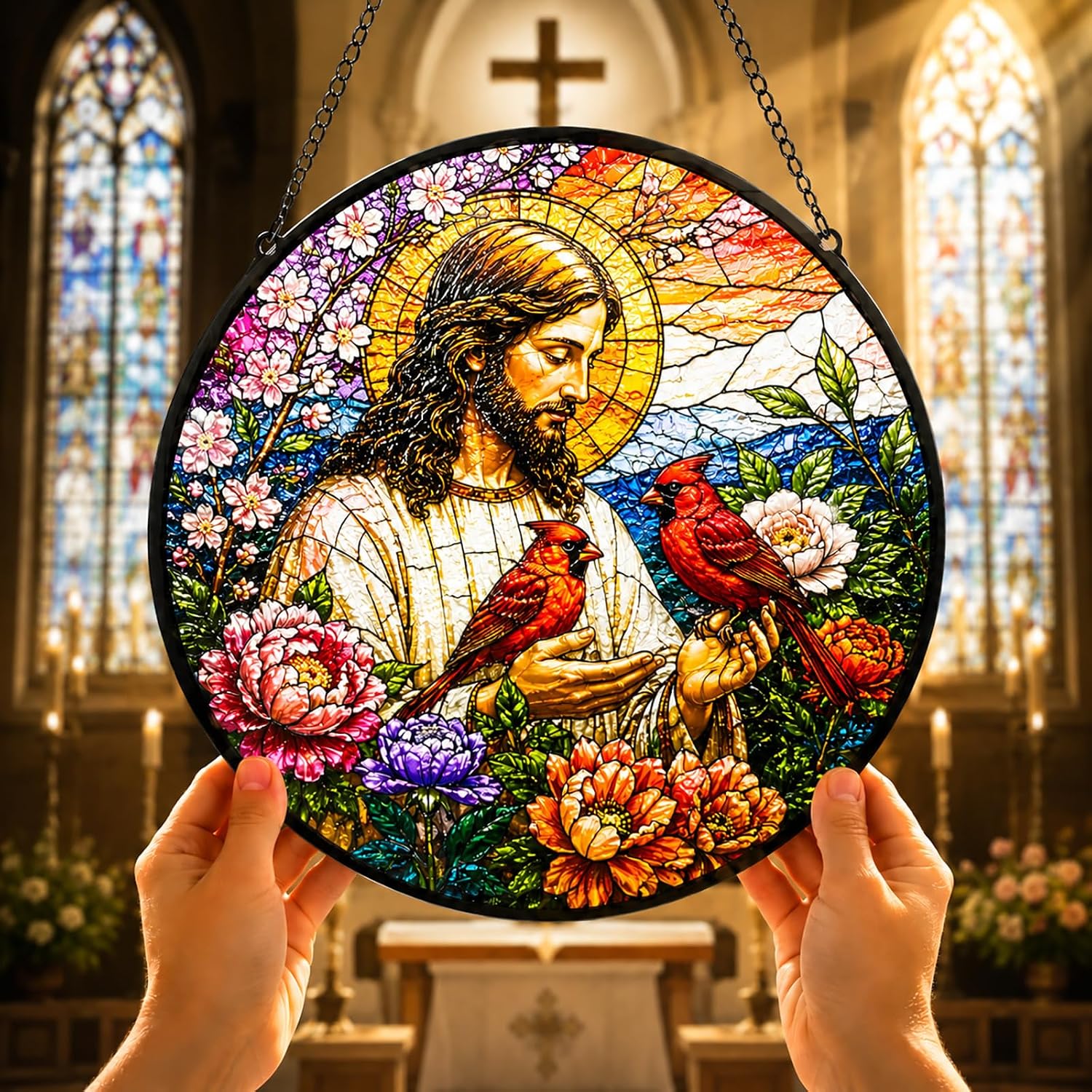 GUANKE Jesus & Cardinals Glass Suncatcher for Windows, 6.3 Inch