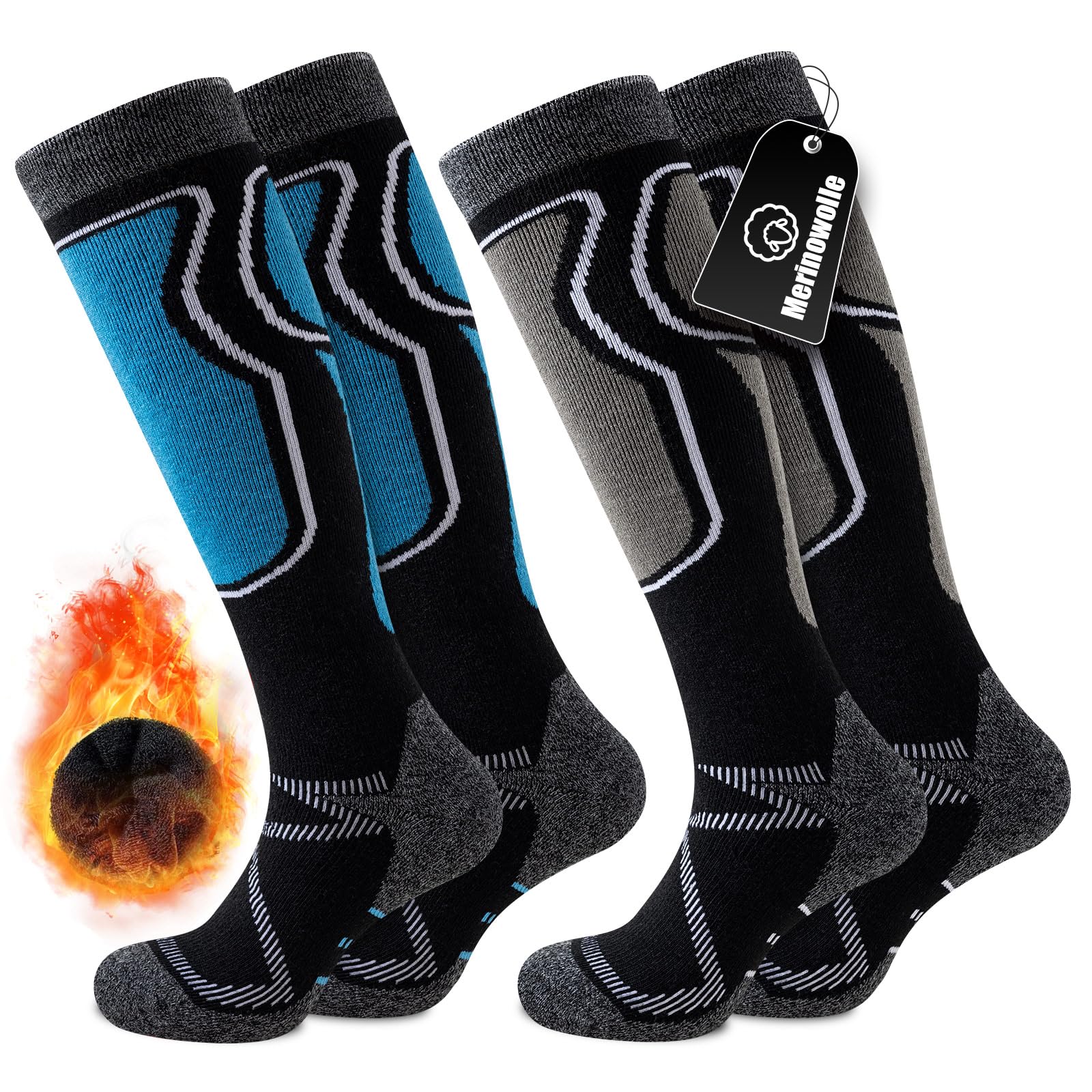 Effeet 2 Paar Skisocken aus Merinowolle für Herren Damen, Warme Gepolsterte Thermosocken Weich Winterstrümpfe, Kniestrümpfe mit Polsterung für Snowboarden Skifahren Jagen Wandern Blau & Schwarz 39-42