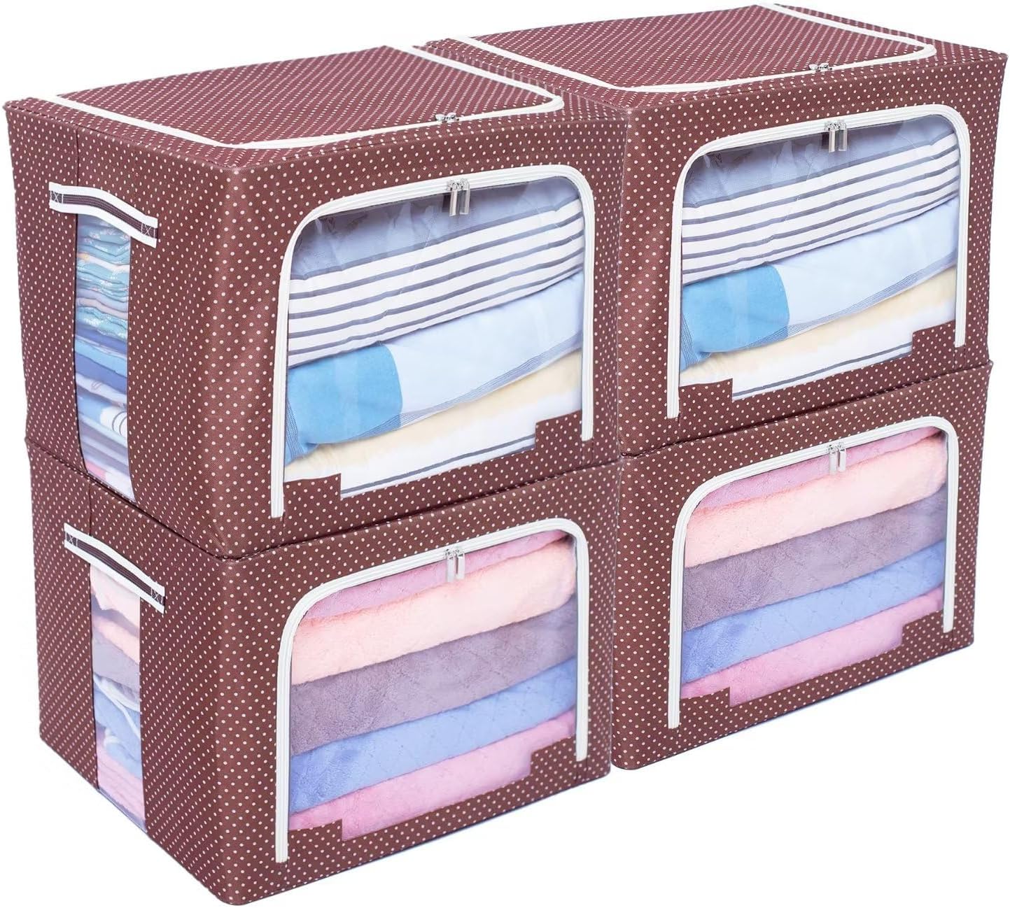 Caja de contenedores de almacenamiento de ropa con marco de acero apilable Ventana transparente plegable para ropa de cama de suéter