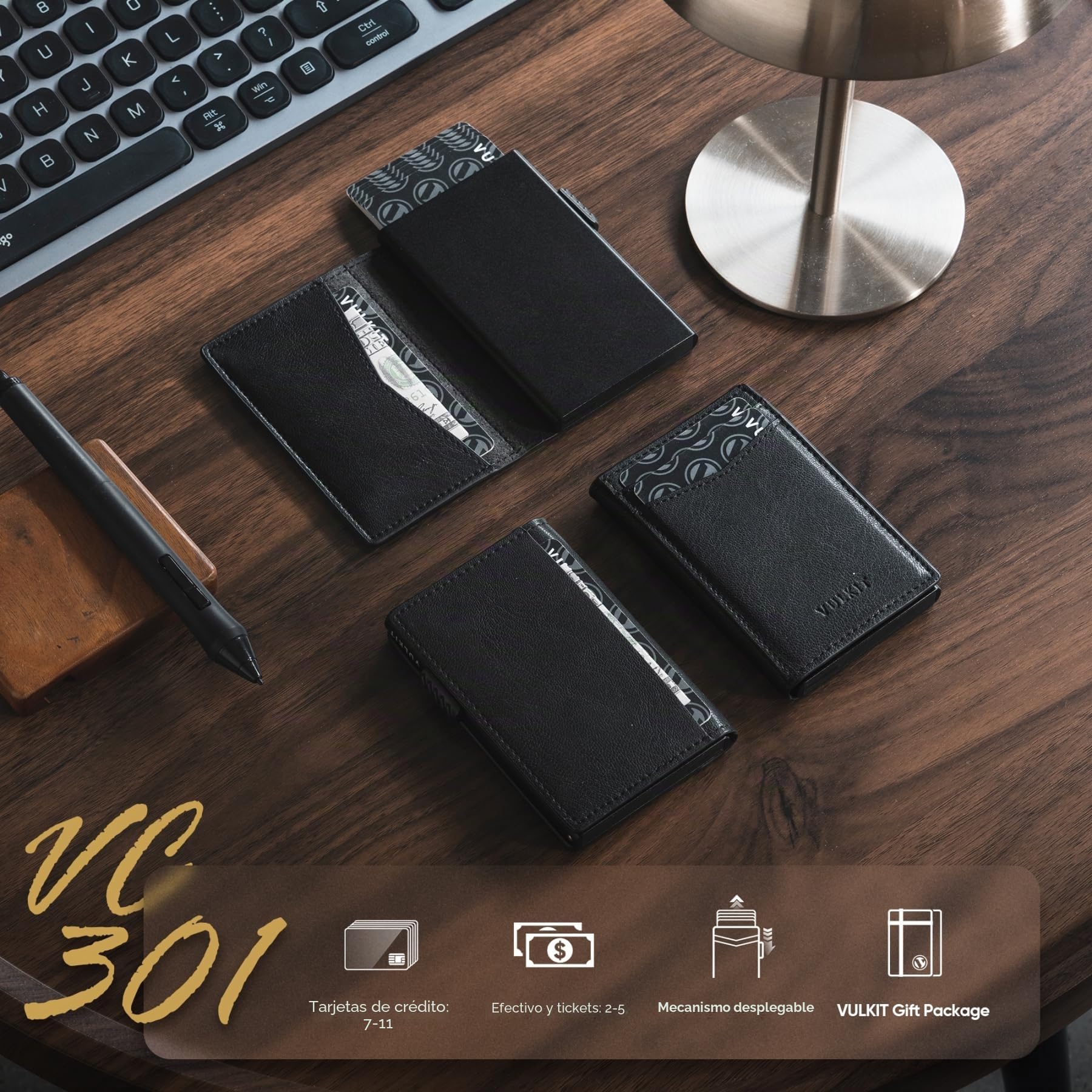 VULKIT Tarjetero de Crédito Cartera de Piel para Tarjetas Automático Estuche para Tarjetas de Visita Emergente para Tarjetas y Notas RFID Bloqueo Tarjetero Minimalista