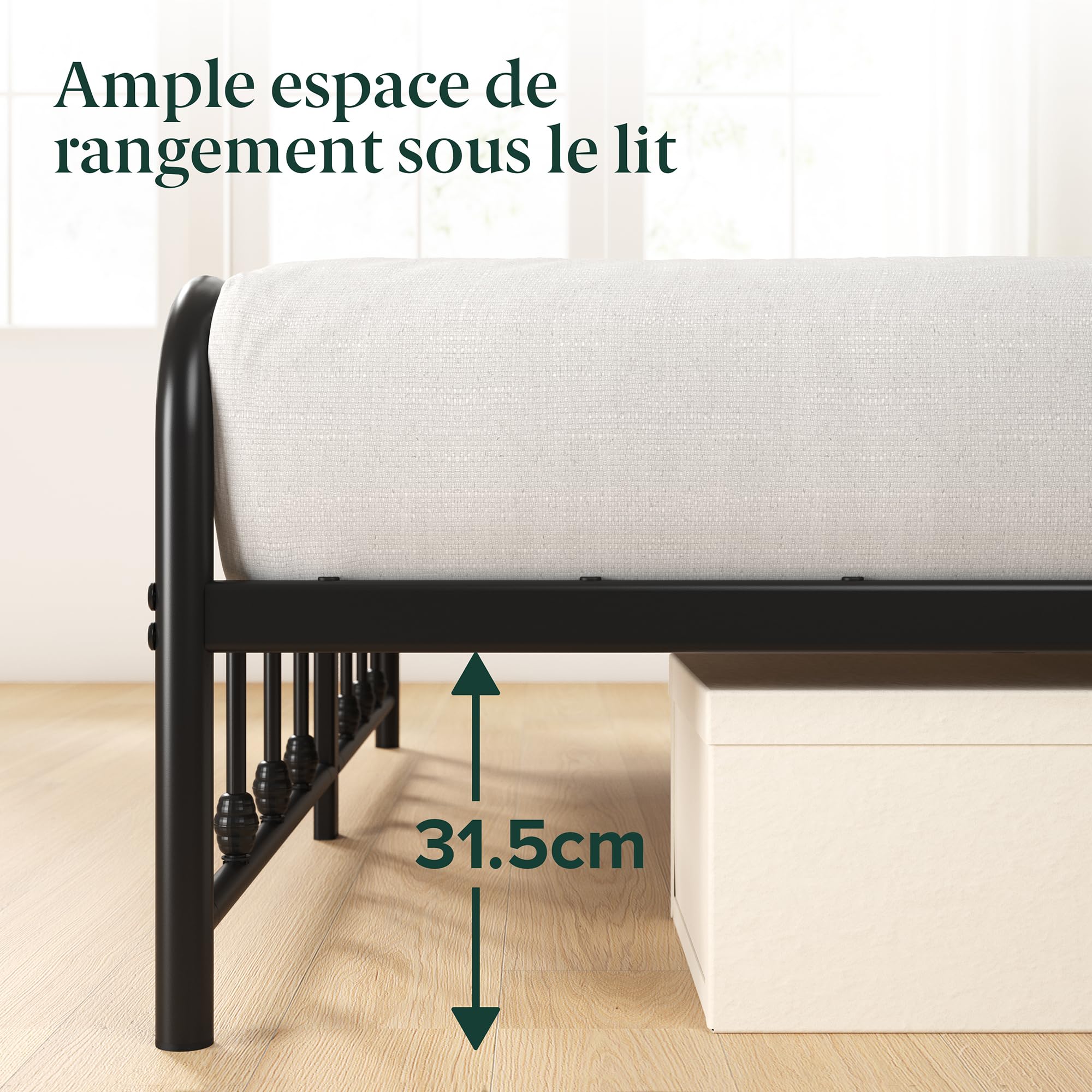 Zinus Florence Sommier 140x190 cm avec Lattes en Métal - Cadre & Tête de Lit 2 Personnes en Métal Robuste - Hauteur 35 cm pour Rangement - Montage Facile - Noir