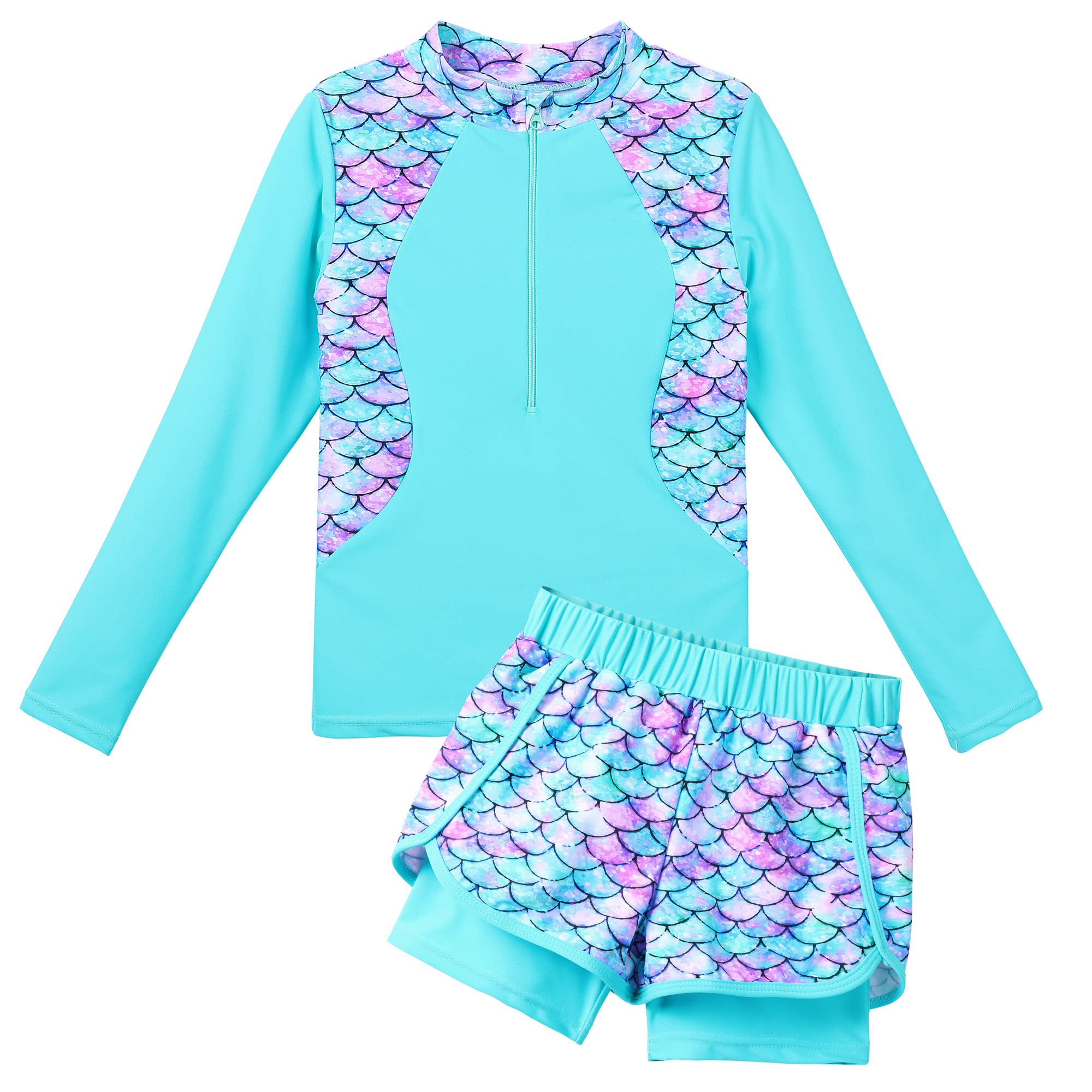 HUAANIUE Traje de baño para niñas, 2 piezas, antirrayos UV UPF 50+ niños y niñas, playa, traje de baño con cremallera de manga larga de 3 a 11 años