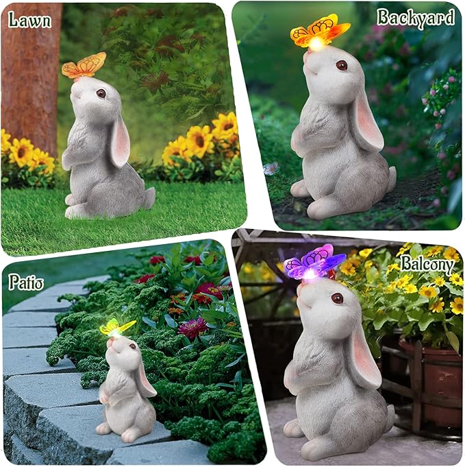 This garden statue is perfect for adding a fun and playful element to your patio, balcony, yard, or lawn. It makes a lovely gift for gardening enthusiasts, moms, grandmas, or anyone who appreciates charming outdoor decor. Whether displayed alone or as part of a larger garden arrangement, this cute and colorful statue is sure to bring a smile to everyone who sees it. Illuminate your outdoor space with the Garden Statue Outdoor Decor-Rabbit with Solar Butterfly Changing Lights and enjoy its whimsical and enchanting beauty.
