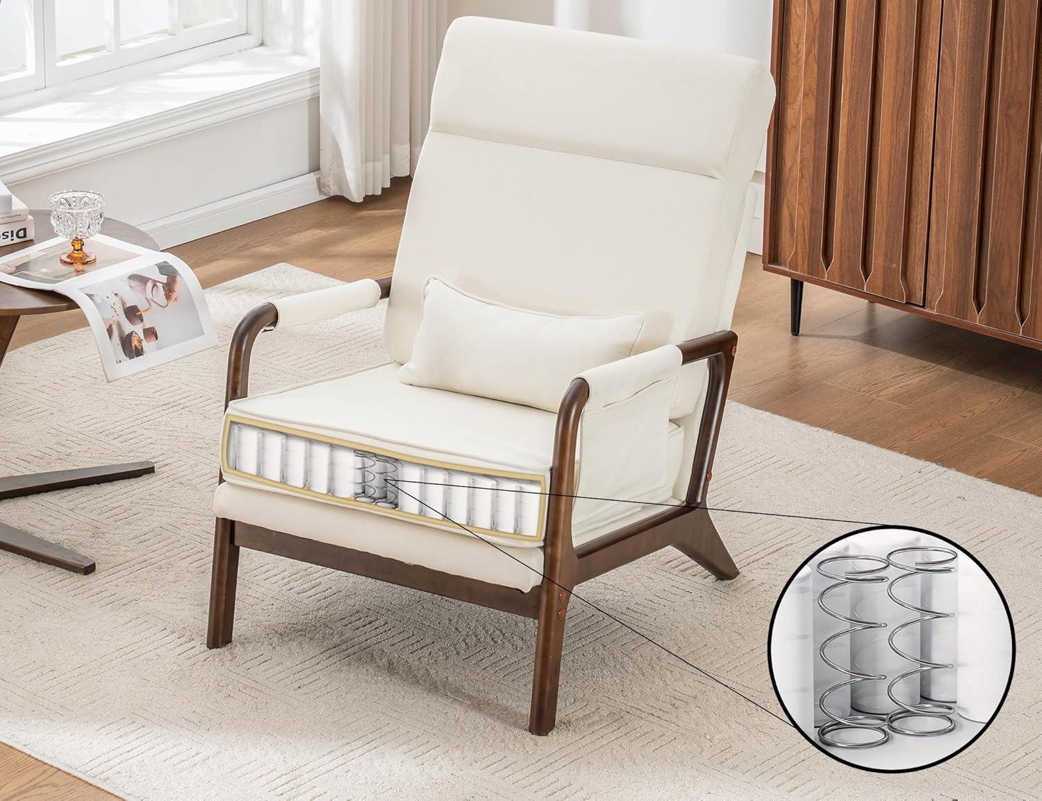 Mid Century Modern Accent Chair with High Back,Upholstered Armchair with Solid Wood Frame & Soft Cushion for Living Room,Bedroom,Belcony,Sunroom,Beige