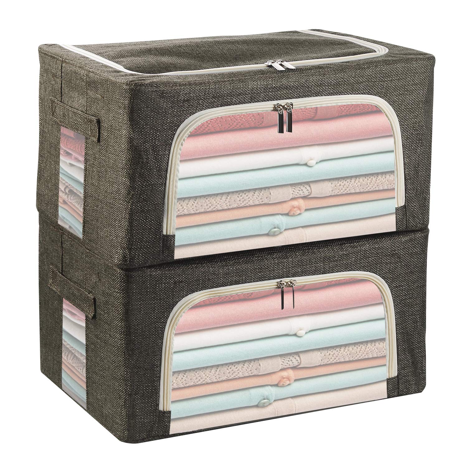 Awekris 2 Pack Stackable Storage Bins Boxes Foldable Fabric Clothes Organizer with Clear Window & Carry Handles, Great for Clothes, Blankets, Closets, Bedrooms and More Medium (Coffee)