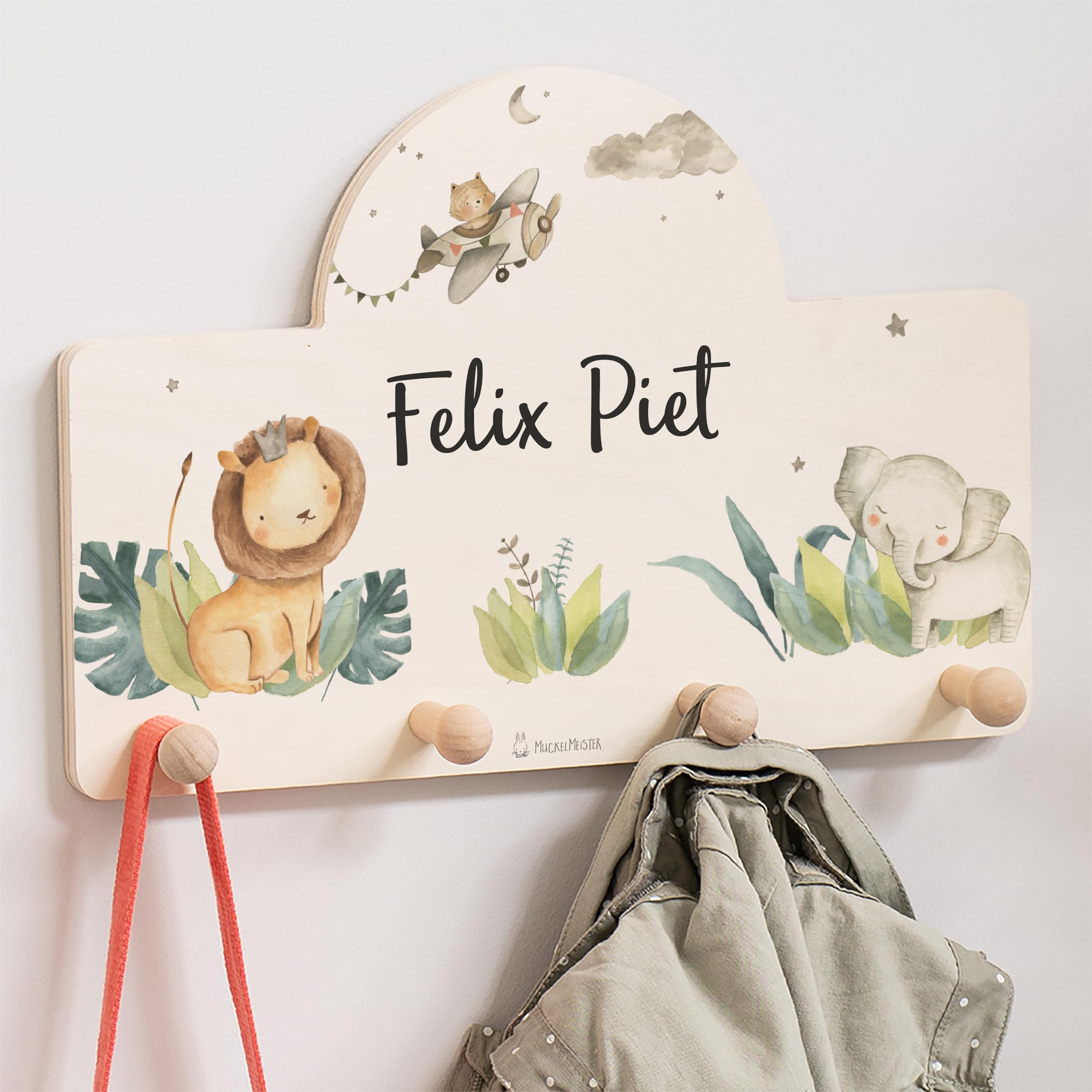Geschenkfreude Personalsierte Kindergarderobe mit Namen aus Holz - Kinder Garderoben Löwe einzigartige Kinderzimmer Deko - individuelle Wandgarderobe - Baby Garderobe - Kleiderhaken