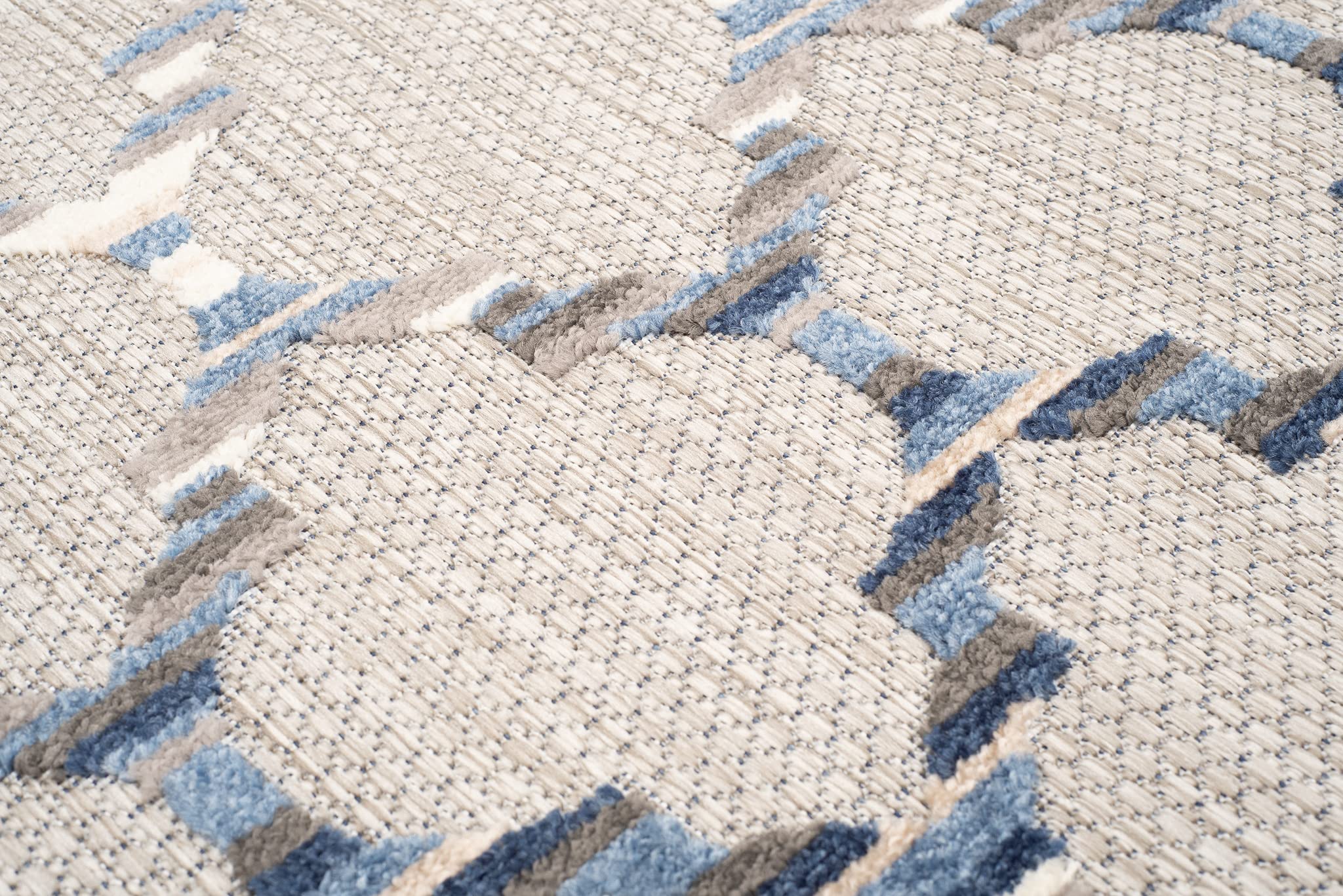 TAPISO Patio dywan na taras, do kuchni, salonu, na zewnątrz, nowoczesny, 3D, beżowy, niebieski, szary, marokański wzór, sizal, odporny na uszkodzenia 140 x 200 cm